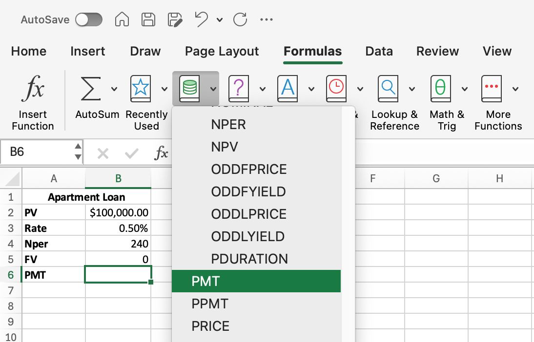 Excel screenshot of dropdown menu for Financial formulas in Excel's Formulas tab. Highlighting the PMT option.