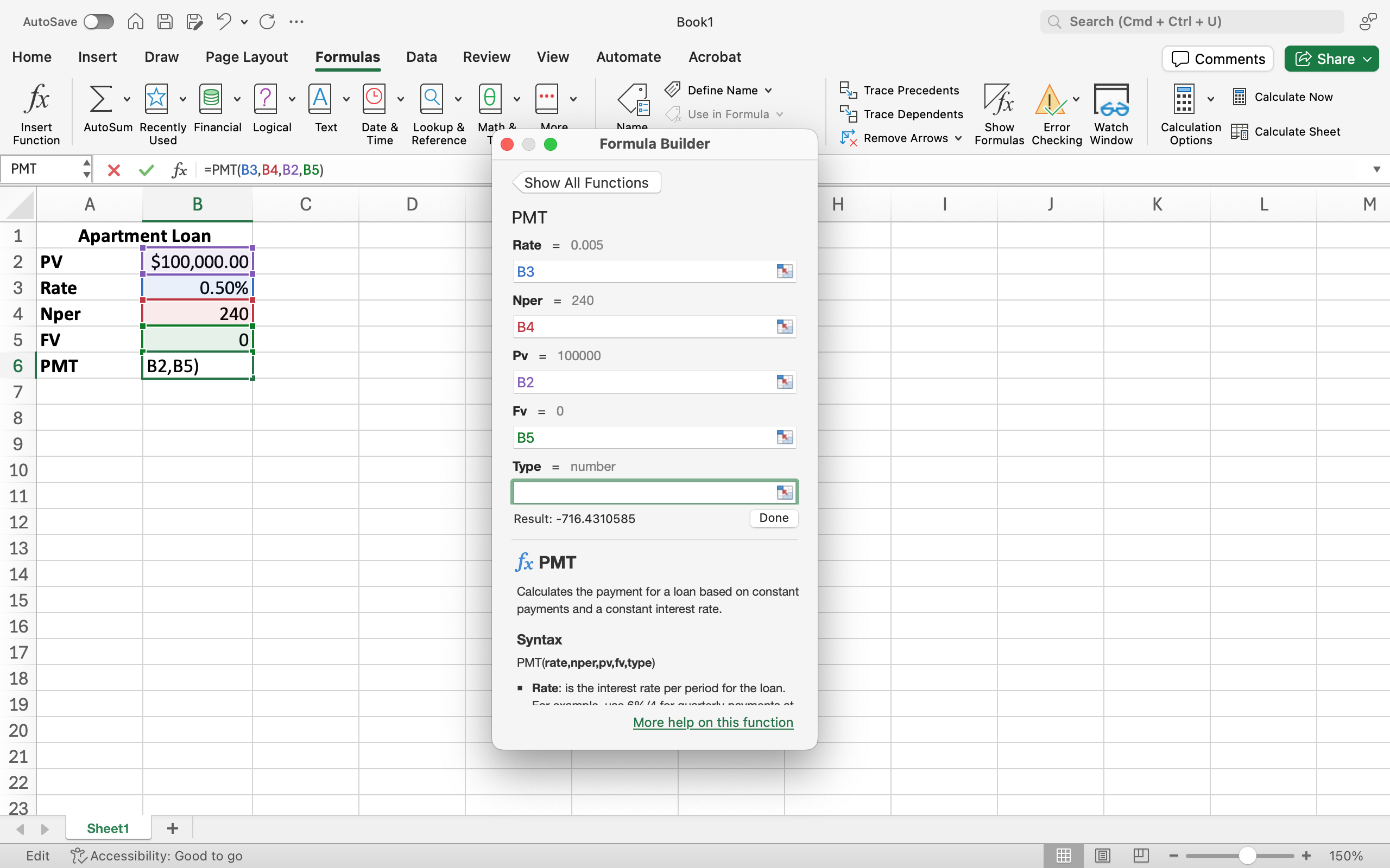 Excel screenshot of PMT formula function argument dialog box. Each of the field required to the formula are being filled in.