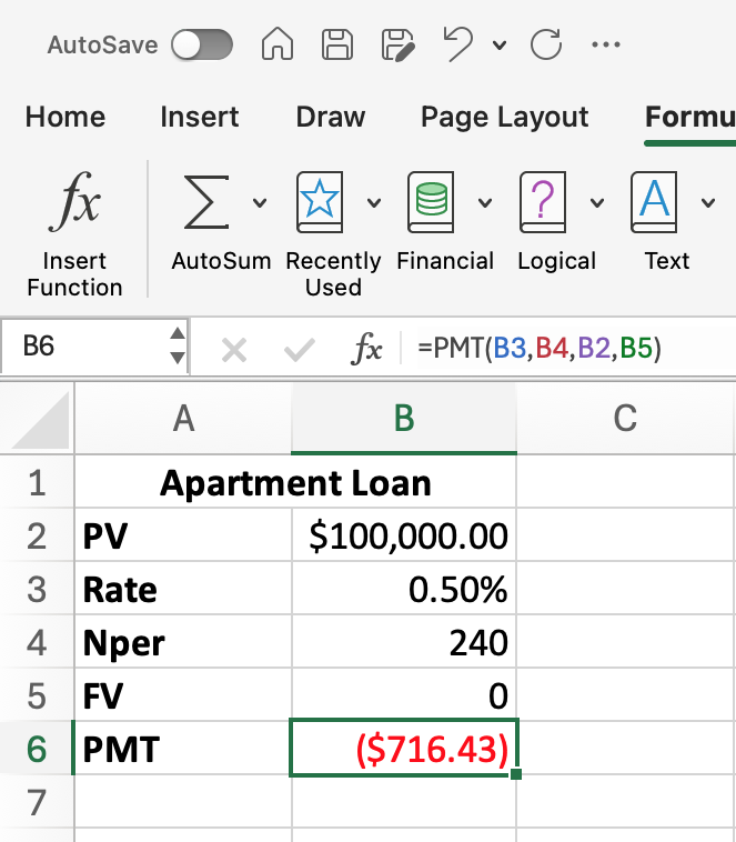 Excel screenshot of the PMT data and calculated amount.