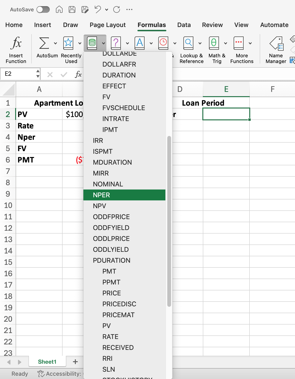 Excel screenshot of dropdown menu for Financial formulas in Excel's Formulas tab. Highlighting the NPER option.