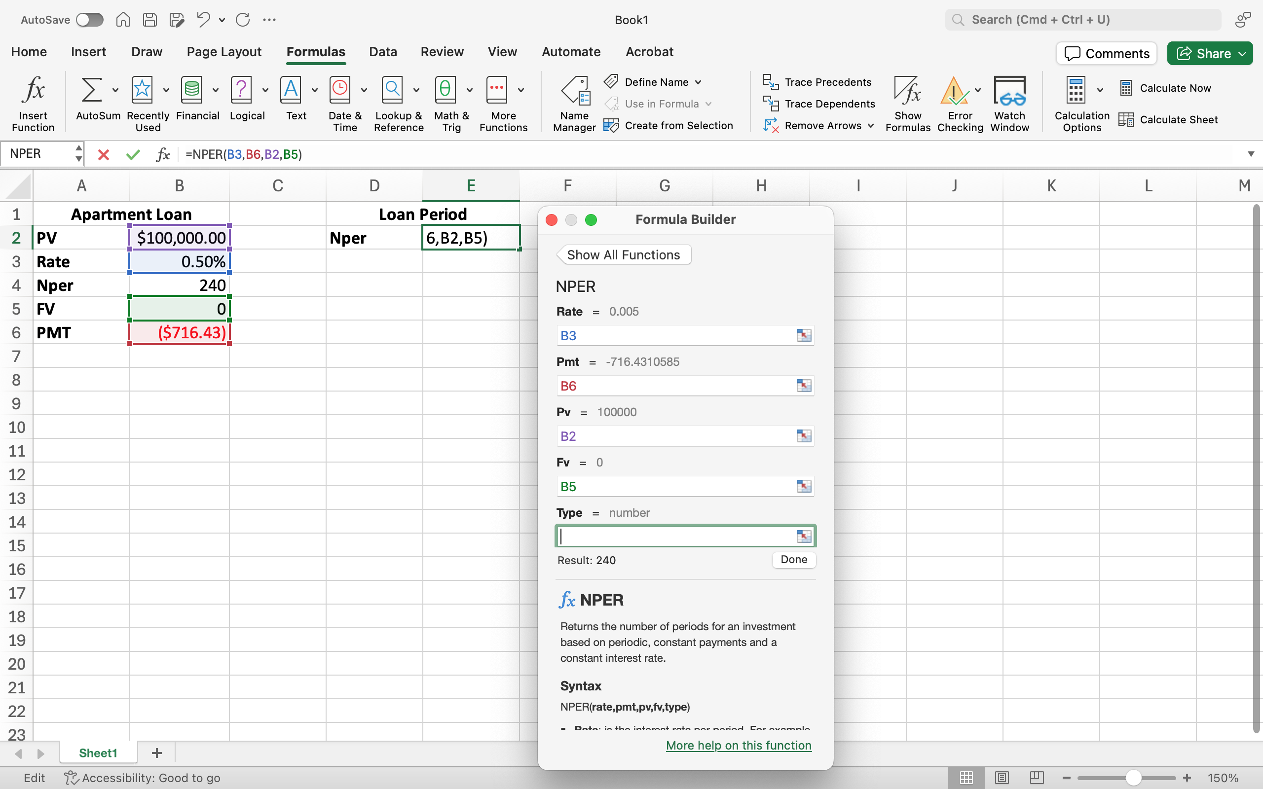 Excel screenshot of NPER formula function argument dialog box. Each of the field required to the formula are being filled in.