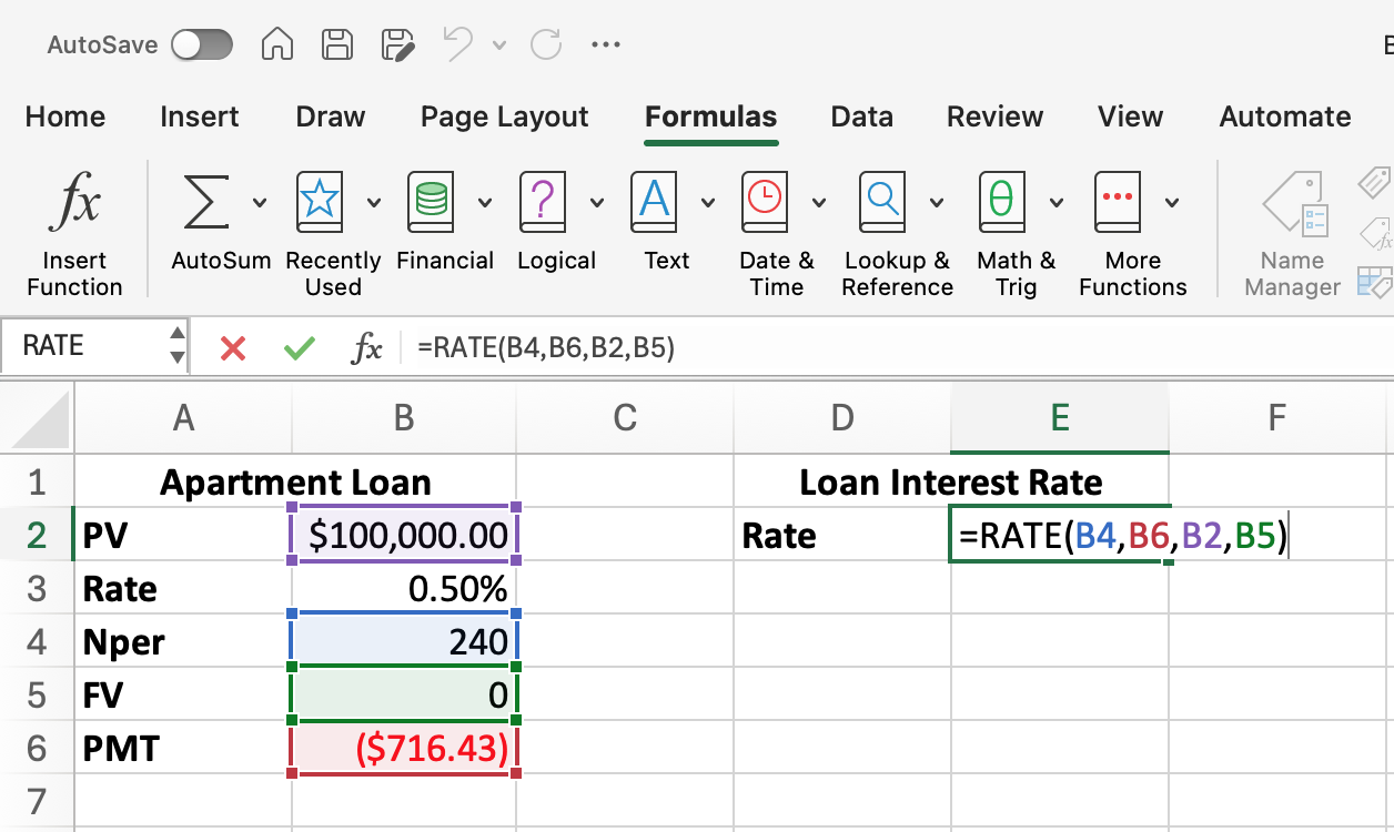 Excel screenshot of RATE data after double clicking on the formula cell. The formula cells have colors corresponding to their place in the formula.