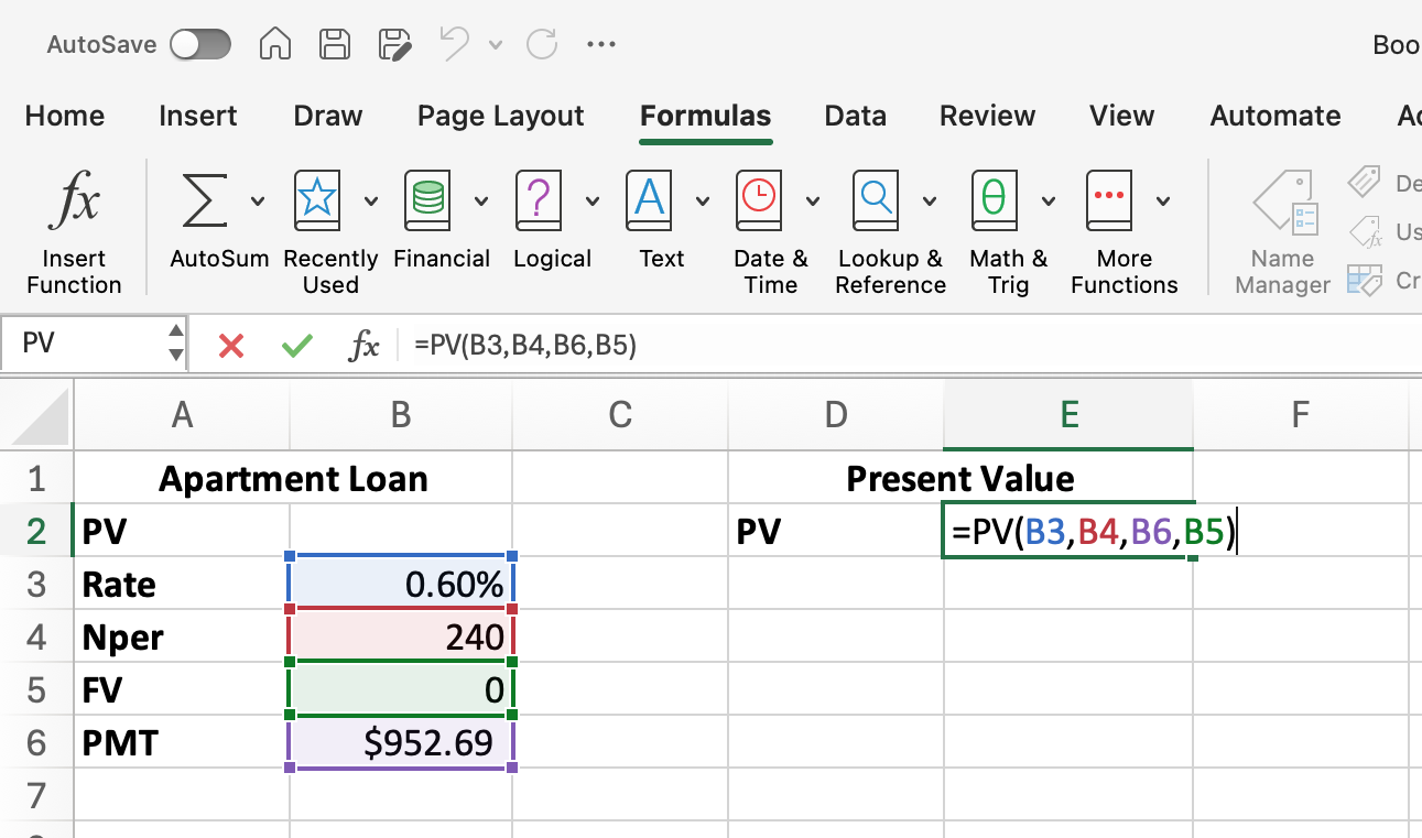 Excel screenshot of PV data after double clicking on the formula cell. The formula cells have colors corresponding to their place in the formula.