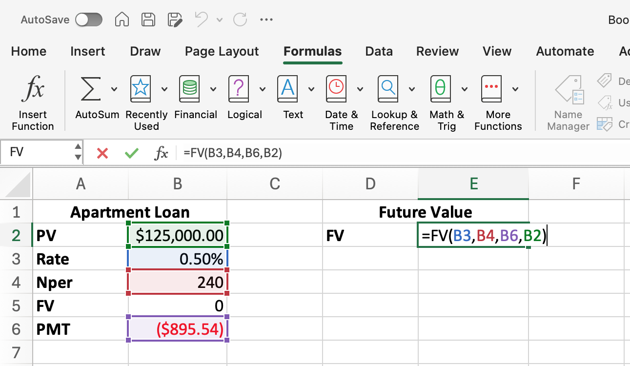 Excel screenshot of FV data after double clicking on the formula cell. The formula cells have colors corresponding to their place in the formula.
