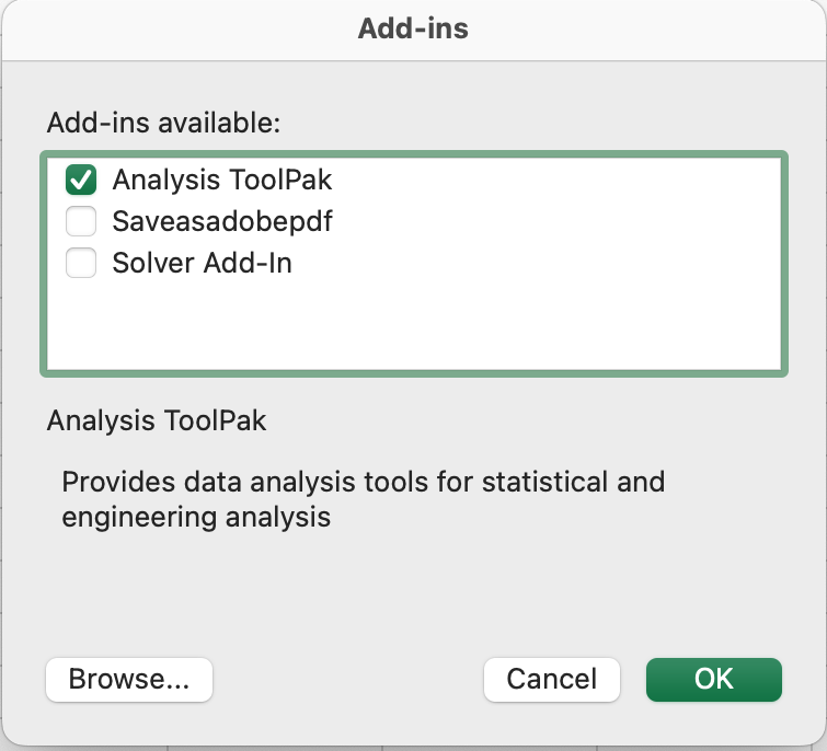 Excel screenshot of the Add-ins dialog box displaying what add-ins are active or inactive by looking at the check-boxes. Currently the Analysis ToolPack box is checked.