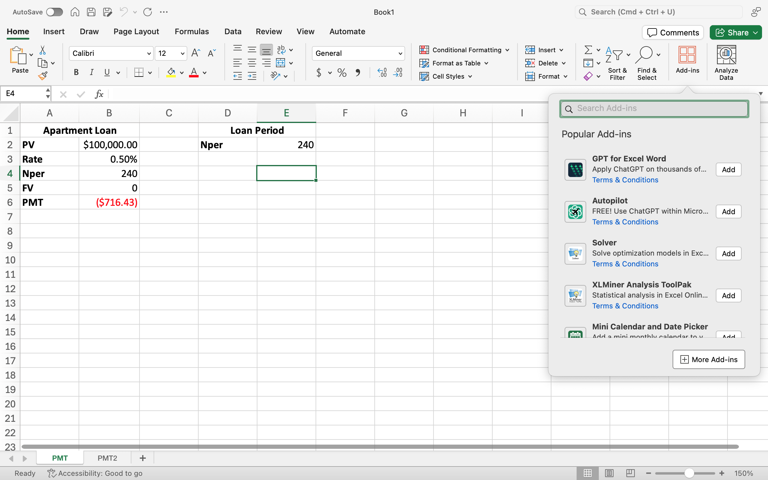 Excel screenshot of the home tab, Add-ins button displaying the dropdown menu options.