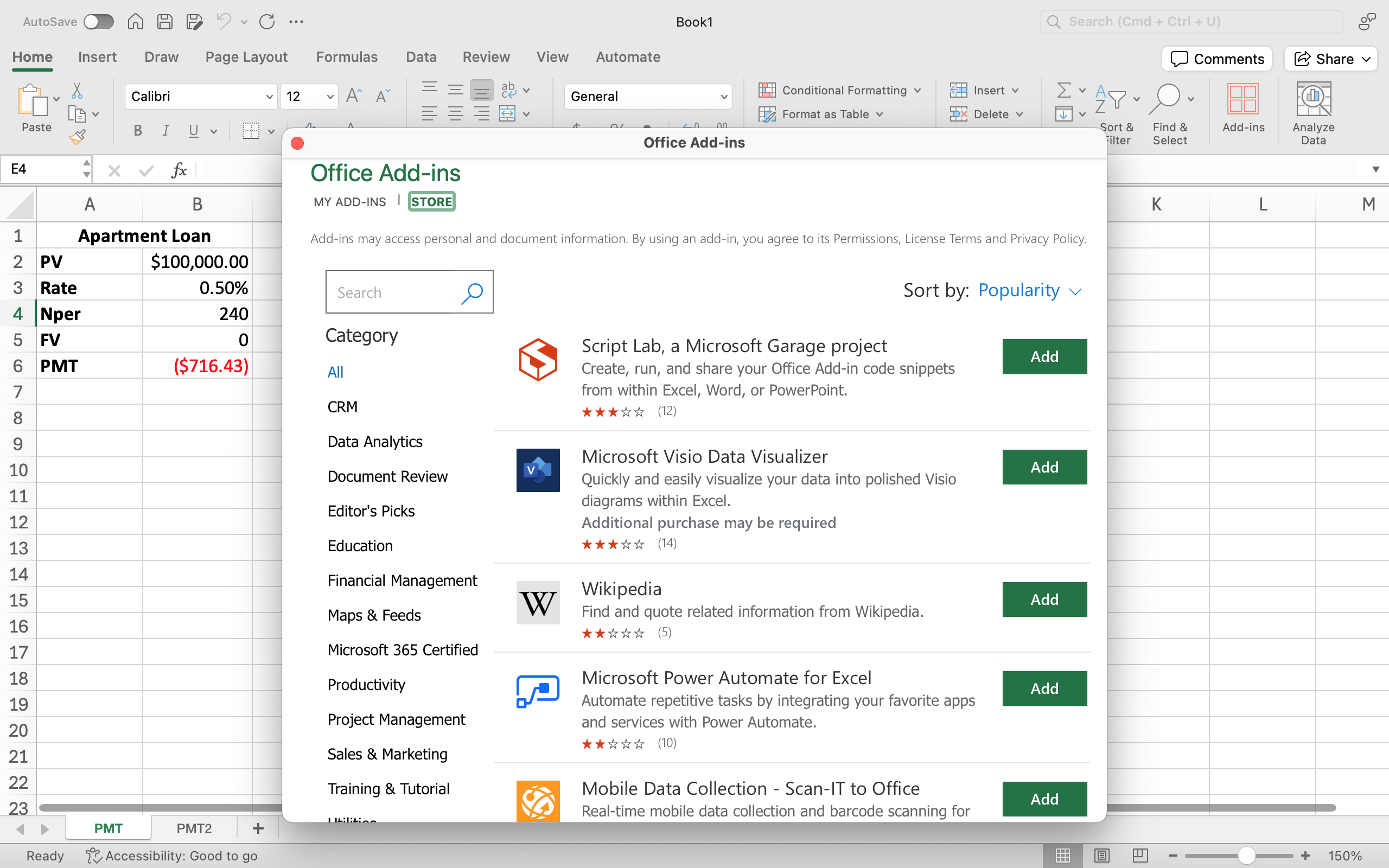Excel screenshot of the Insert tab, Add-ins button after Get Add-ins option was selected. Open window of Office Add-ins listing what is available to add into Excel.