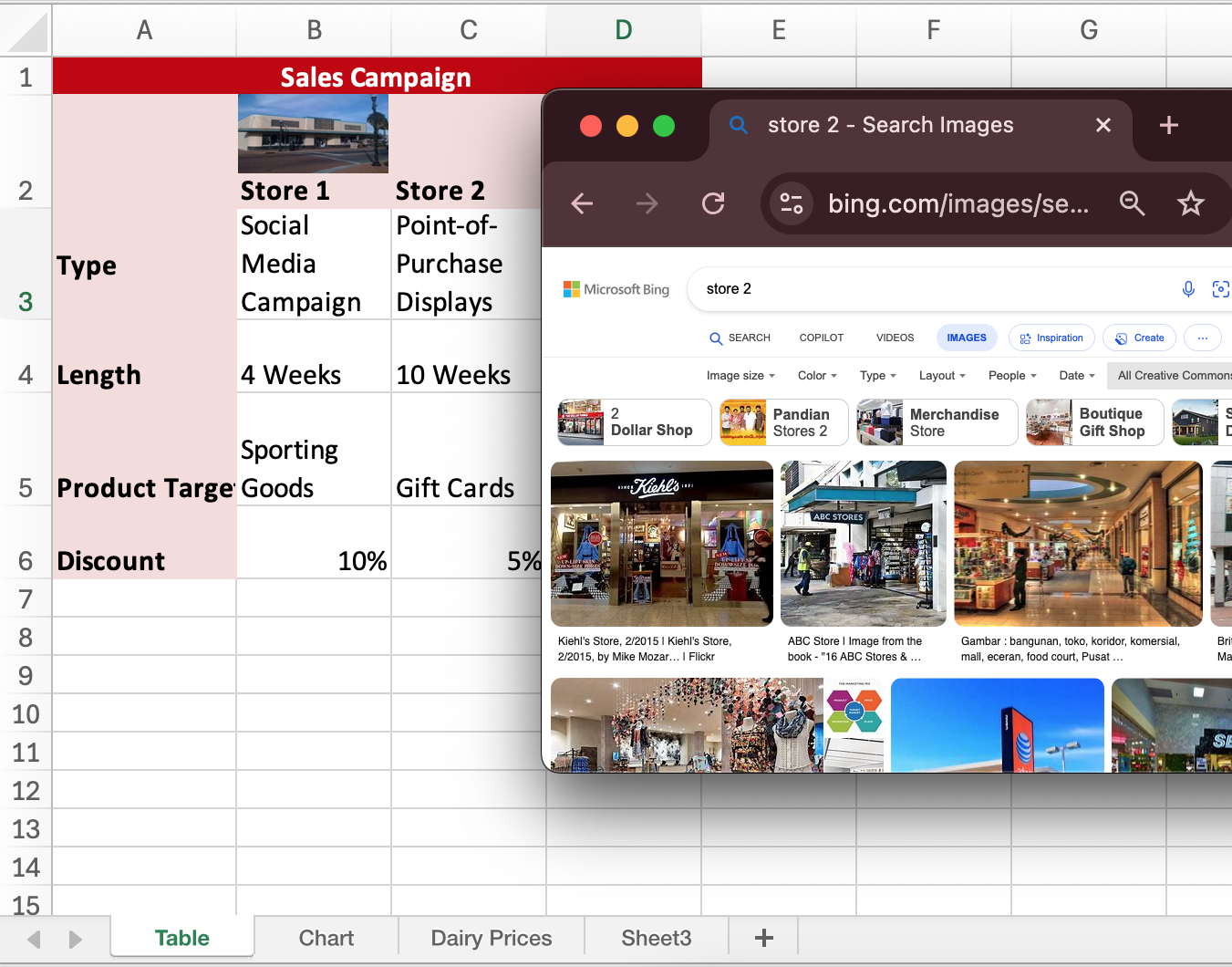 A Microsoft Excel sheet for a sales campaign is displayed in the cells. A bing search for store 2 is displayed in front of the excel spreadsheet.