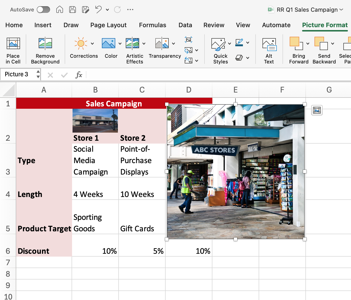 A Microsoft Excel sheet for a sales campaign is displayed in the cells. An image of a store has been inserted over the excel sheet.