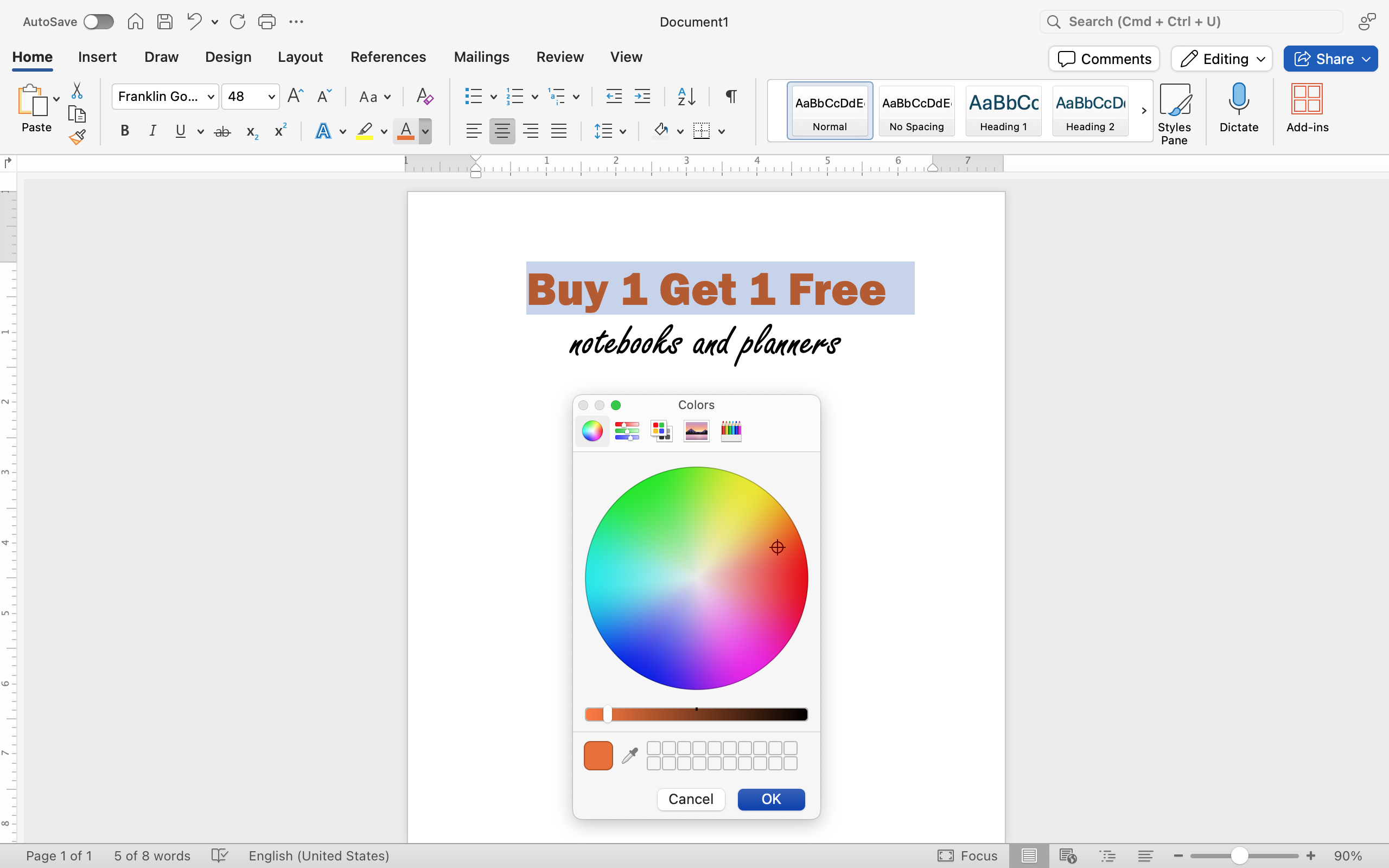 Color dialog box with options to select the exact color you wish to have on the documents font.