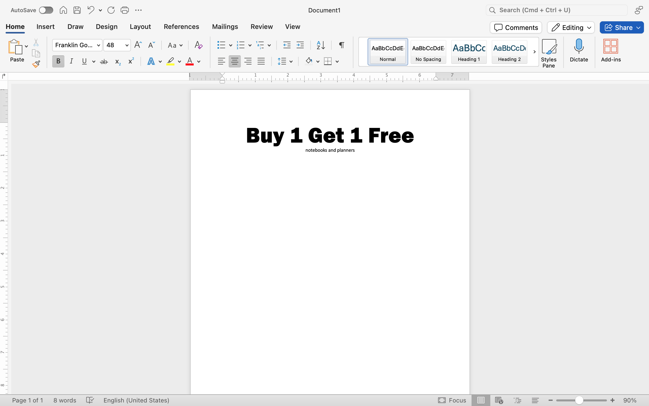 There is a Microsoft Word document open with two lines of text on it.