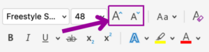 The font formatting section on the ribbon menu is zoomed in on. A magenta arrow is pointing to the option to change the font size.