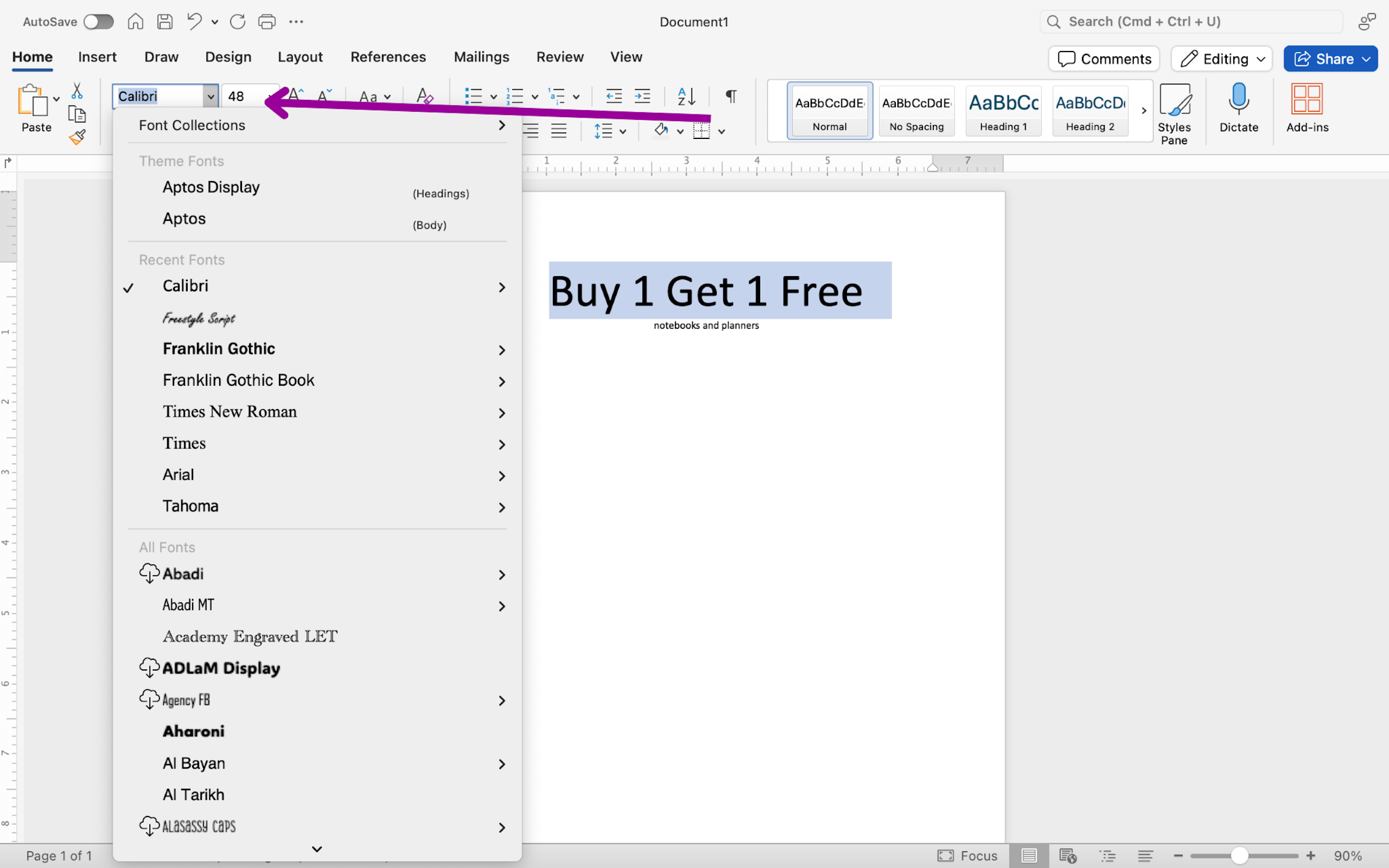 There is a Microsoft Word document open with two lines of text on it. A magenta arrow is pointing to the font formatting section which is found in the home tab on the ribbon menu. This arrow is pointing to the option to change the font style on the document.
