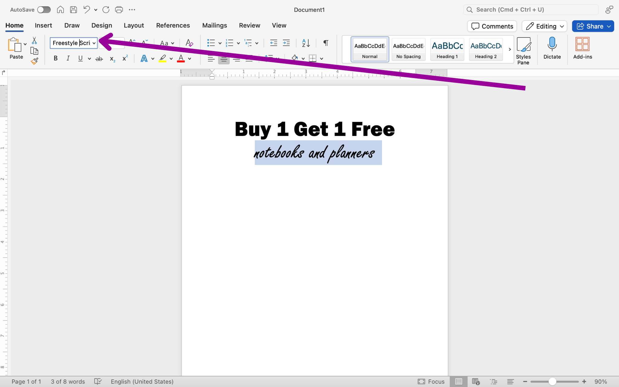 There is a Microsoft Word document open with two lines of text on it. A magenta arrow is pointing to the font formatting section which is found in the home tab on the ribbon menu. This arrow is pointing to the option to change the font style. The font style has been manually entered to "Freestyle Script".