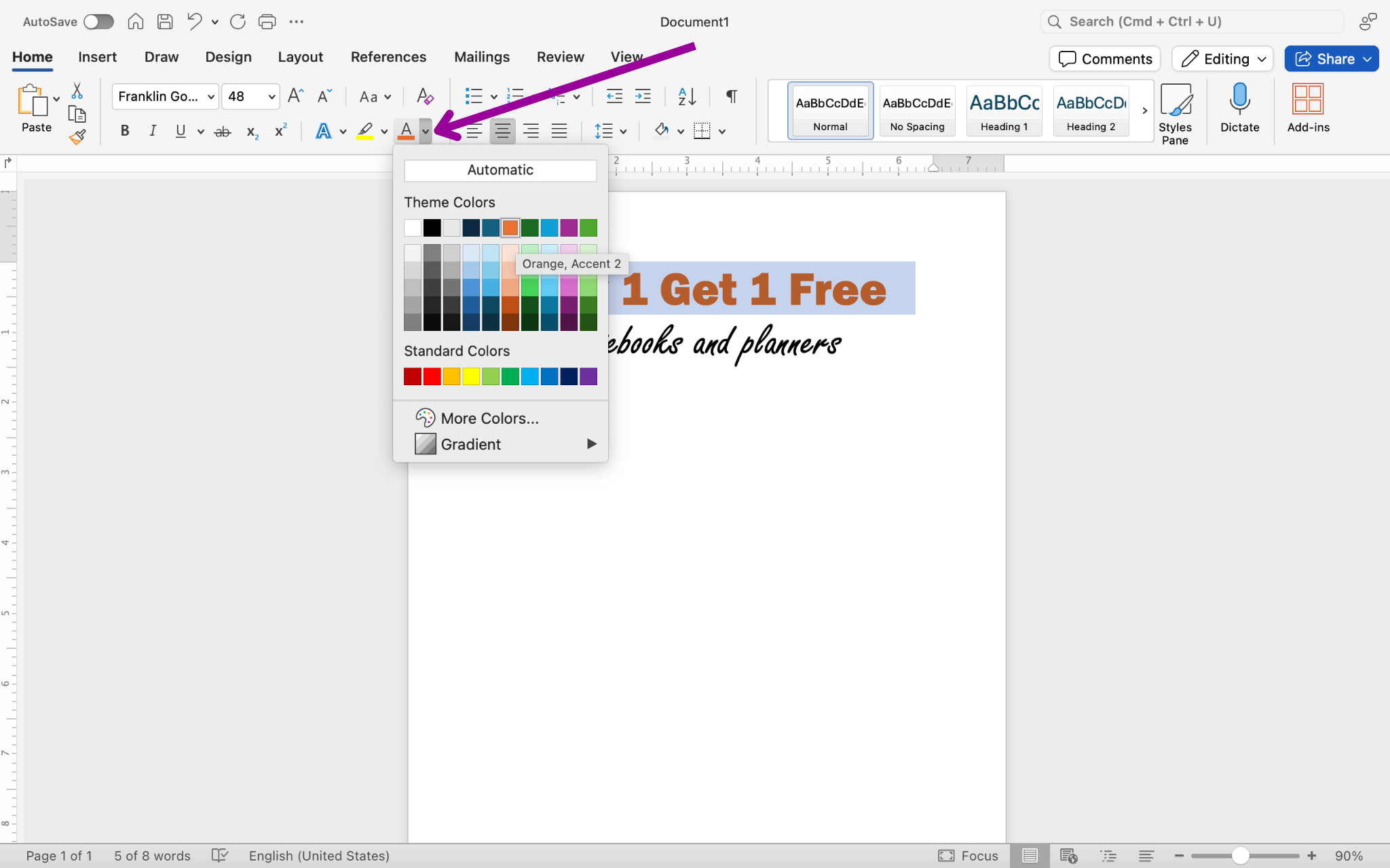 There is a Microsoft Word document open with two lines of text on it. A magenta arrow is pointing to the font formatting section which is found in the home tab on the ribbon menu. This arrow is pointing to the option to change the color of the font on the document.