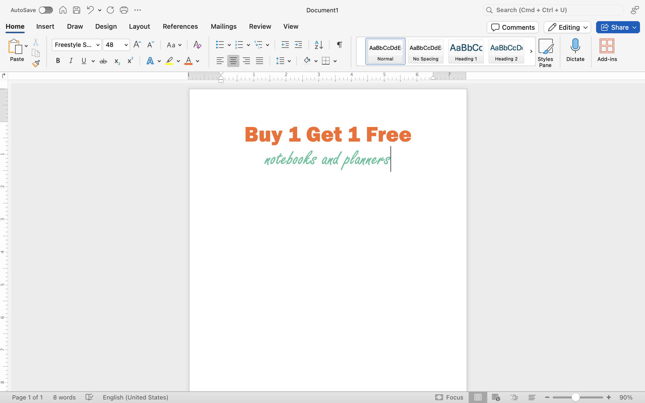 There is a Microsoft Word document open with two lines of text on it. The top line of text has orange font and the text below it is blue.
