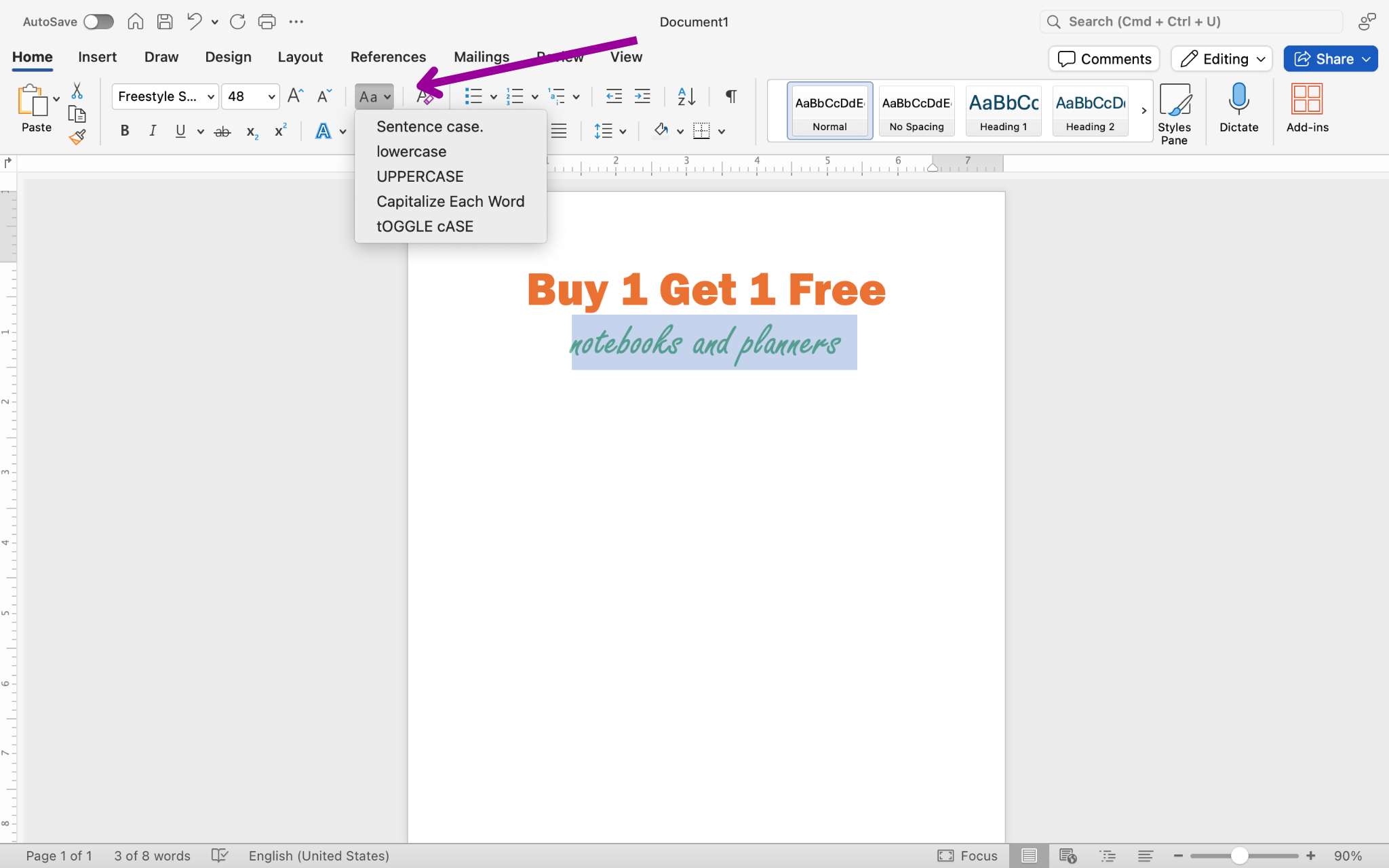 There is a Microsoft Word document open with two lines of text on it. A magenta arrow is pointing to the font formatting section which is found in the home tab on the ribbon menu. This arrow is pointing to the option to change the case control feature. A dropdown menu has opened up showing options to make the document upper case, lower case and a few other choices.