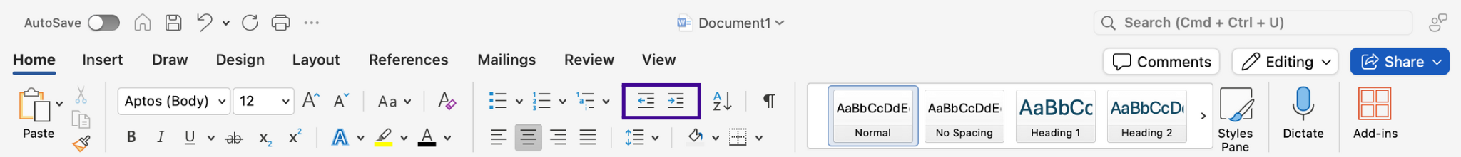 The image displays a portion of a toolbar from a word processing software, showing the 'Home' tab. This section includes tools for formatting text with the increase indent and decrease indent buttons highlighted in grape purple.