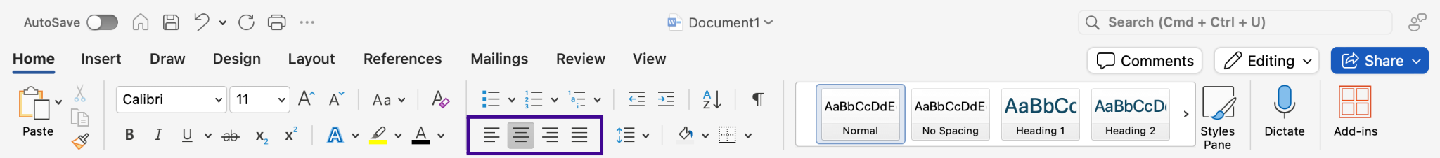 A microsoft word document is open zoomed in specifically on the ribbon section. On the close up of the ribbon section, the four alignment options are highlighted by a grape purple box.