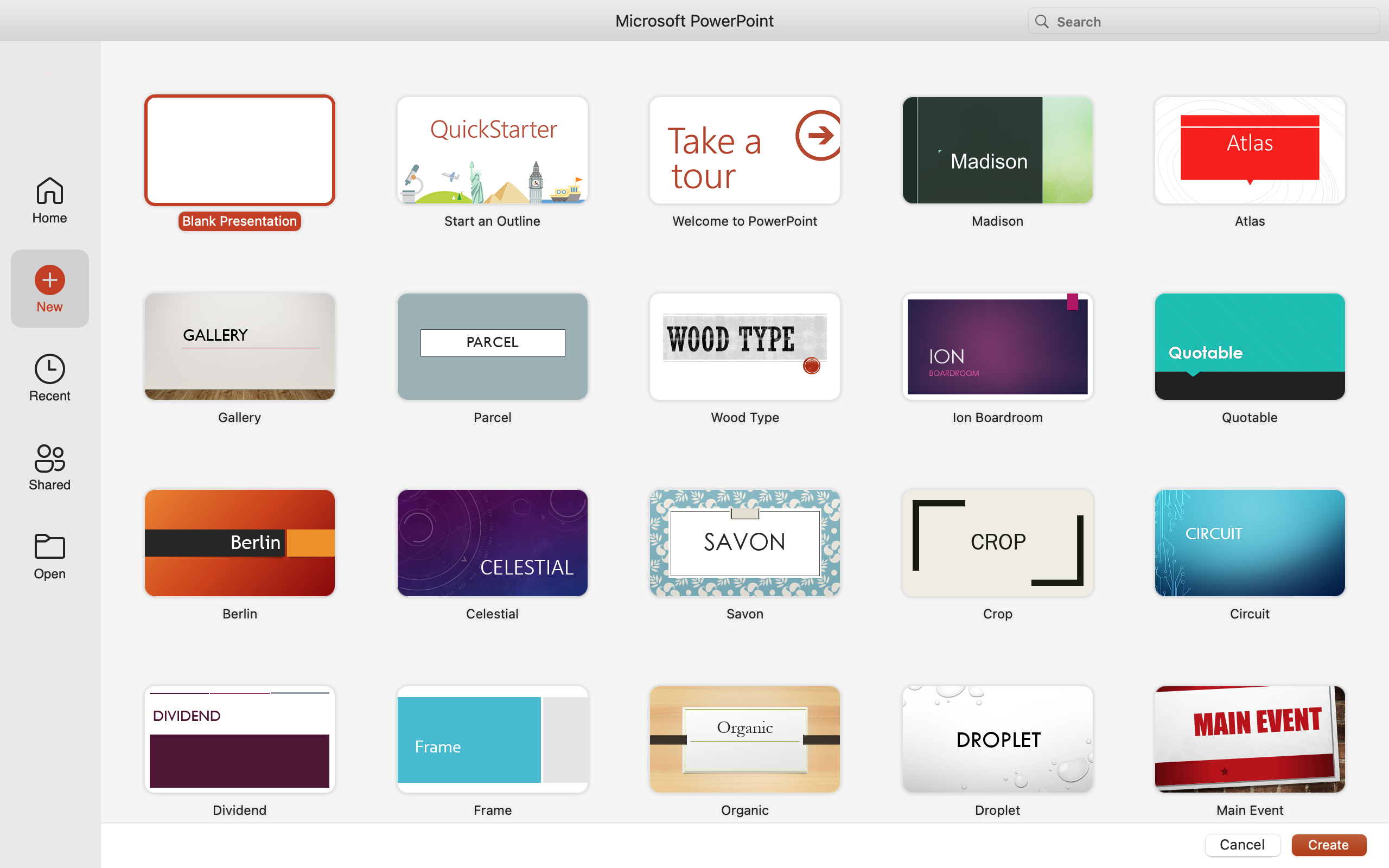 The backstage view of Microsoft Powerpoint from a Mac user.