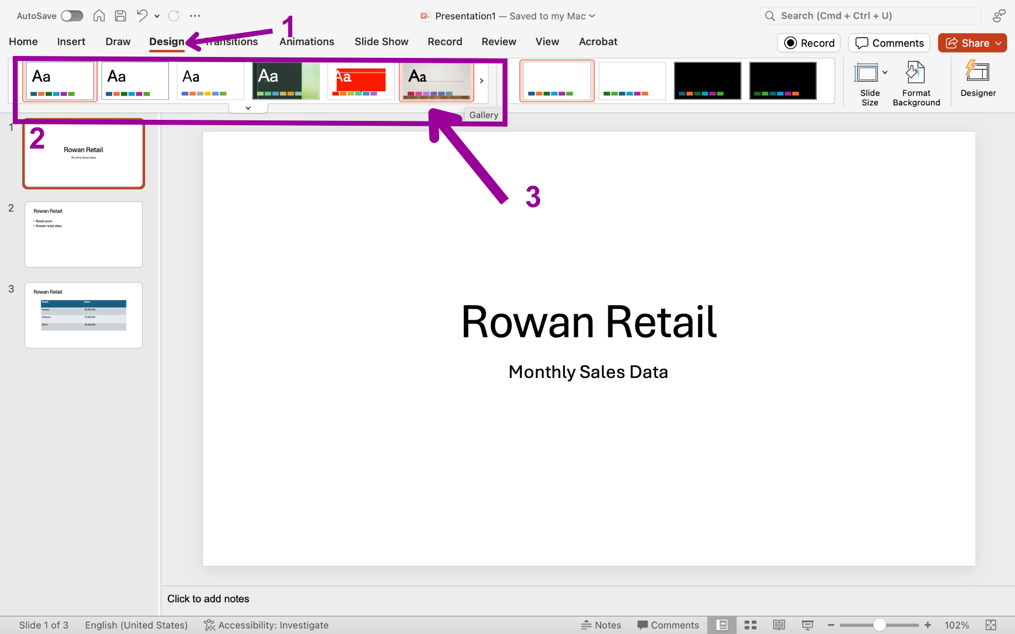 A Microsoft Powerpoint deck is open with 3 slides created. There is a magenta arrow pointing at the design tab in the ribbon menu. A magenta box shows that the first slide page has been selected. A second magenta arrow is pointing at one of the many design options.