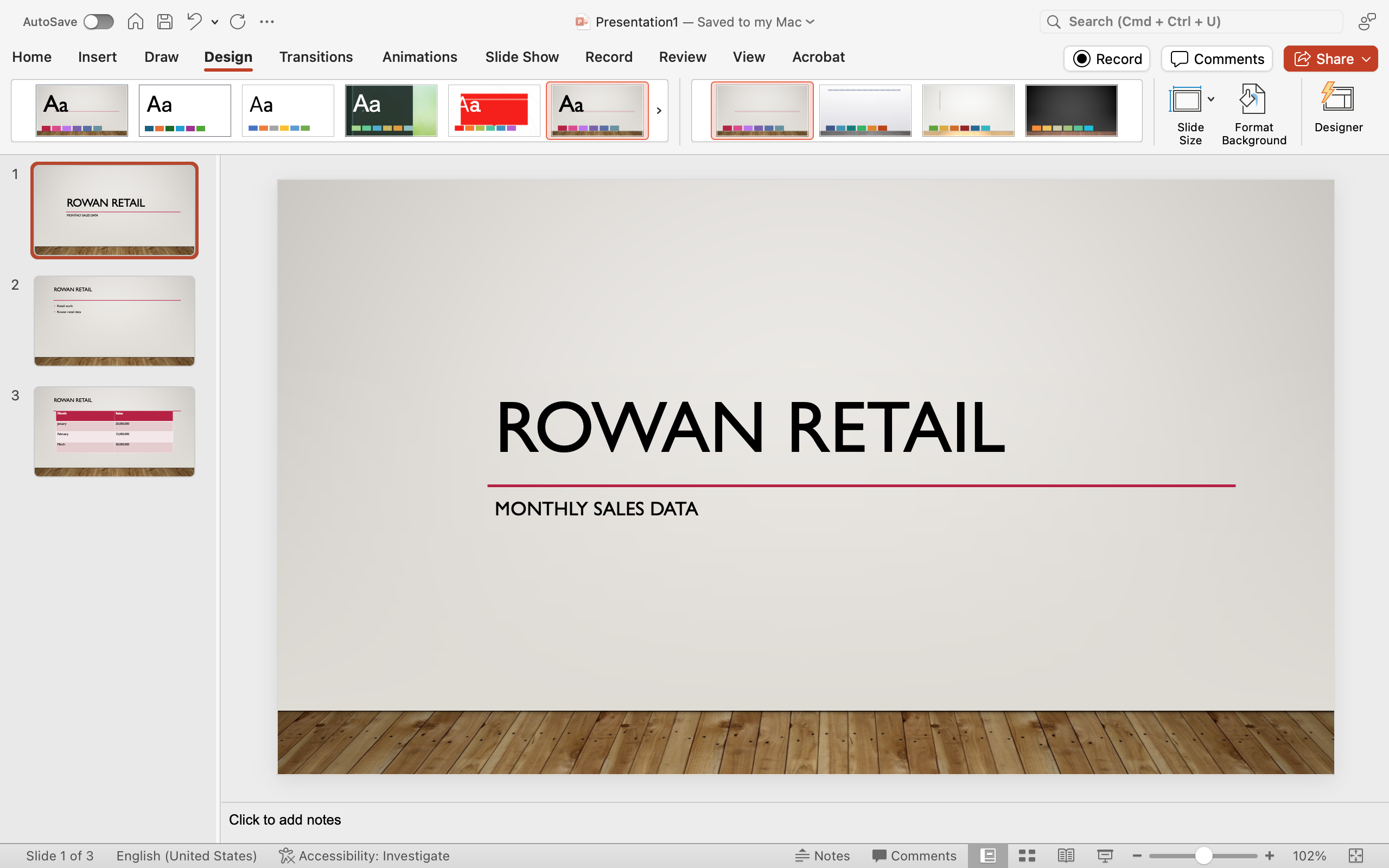 A Microsoft Powerpoint deck is open with 3 slides created. A new design feature has been added making the slide deck more visually appealing.