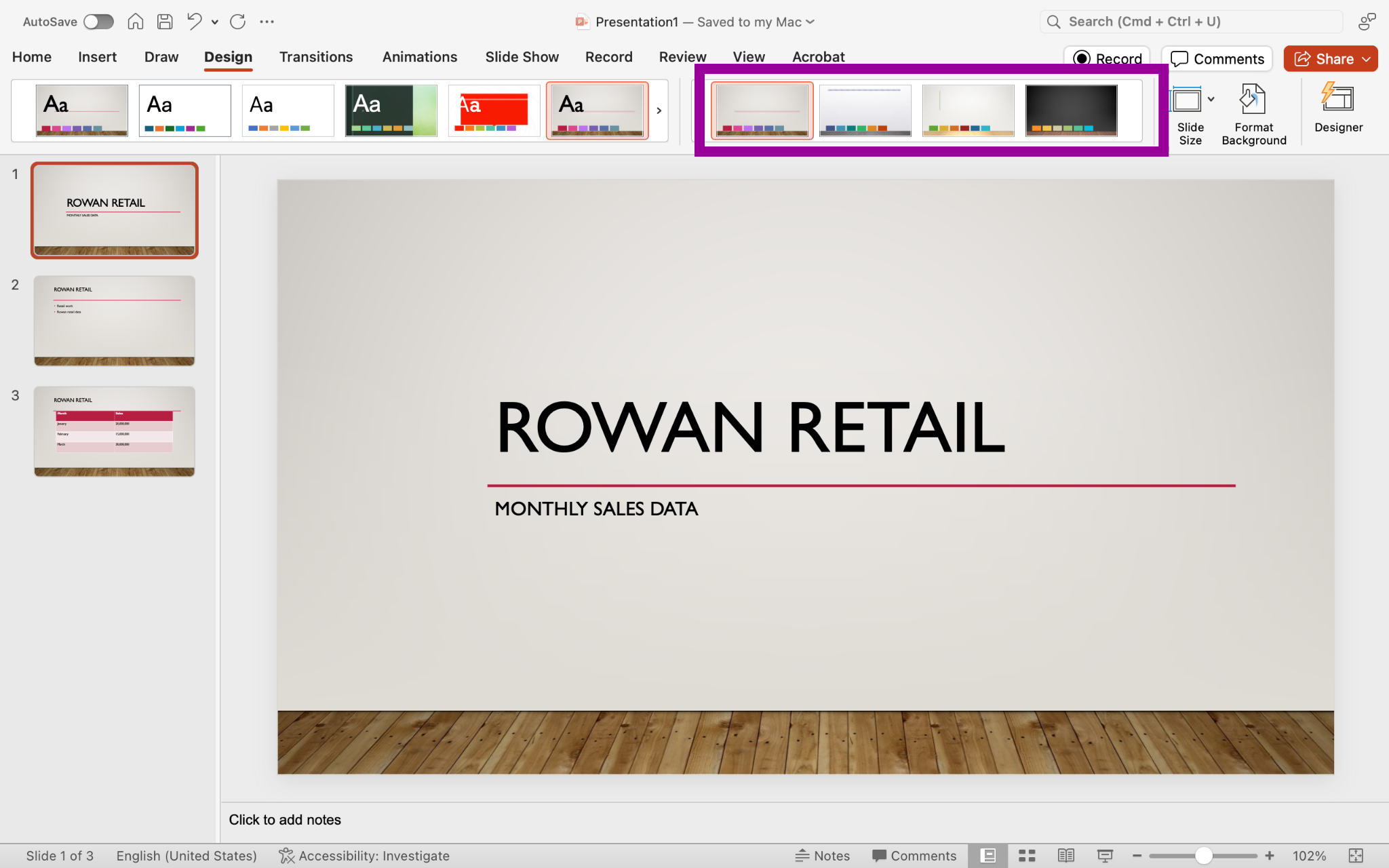 A Microsoft Powerpoint deck is open with 3 slides created. A new design feature has been added making the slide deck more visually appealing. A magenta box shows how to adjust the variants and how to customize the page.
