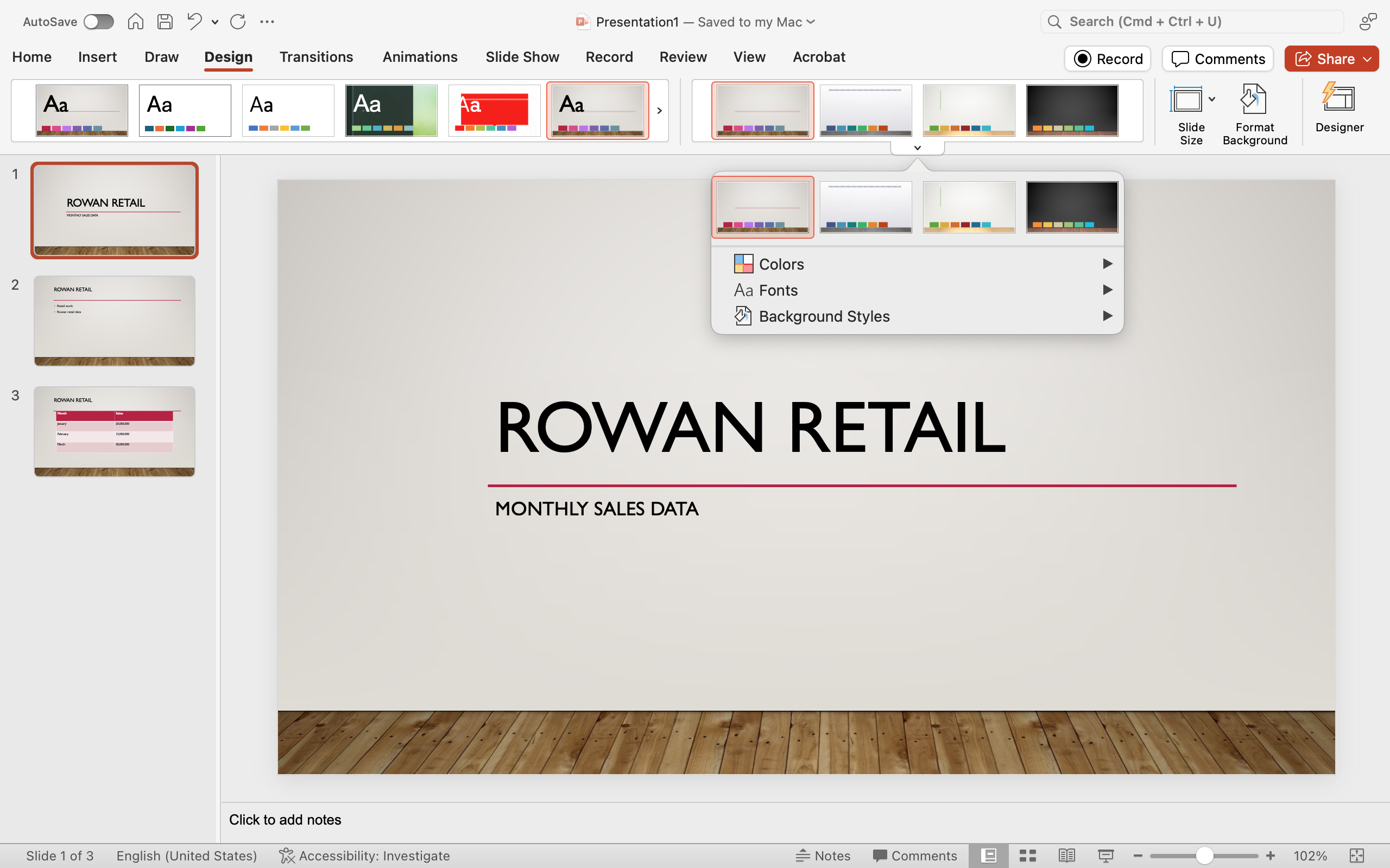 A Microsoft Powerpoint deck is open with 3 slides created. A new design feature has been added making the slide deck more visually appealing. A dropdown menu has emerged from the variants section under the design tab in the ribbon menu.