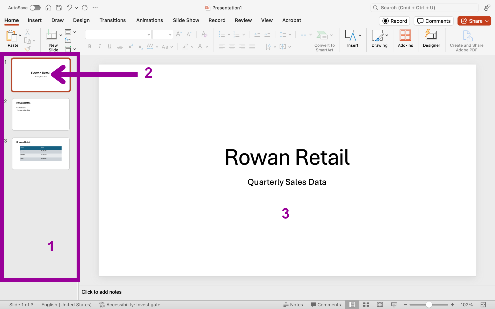 A Microsoft Powerpoint deck is open with 3 slides created. There are three magenta numbers used to represent important parts of the powerpoint. The first one is showing the slide thumbnail view. The second demonstrates where the active slide thumbnail is. Finally the third one highlights the active slide.