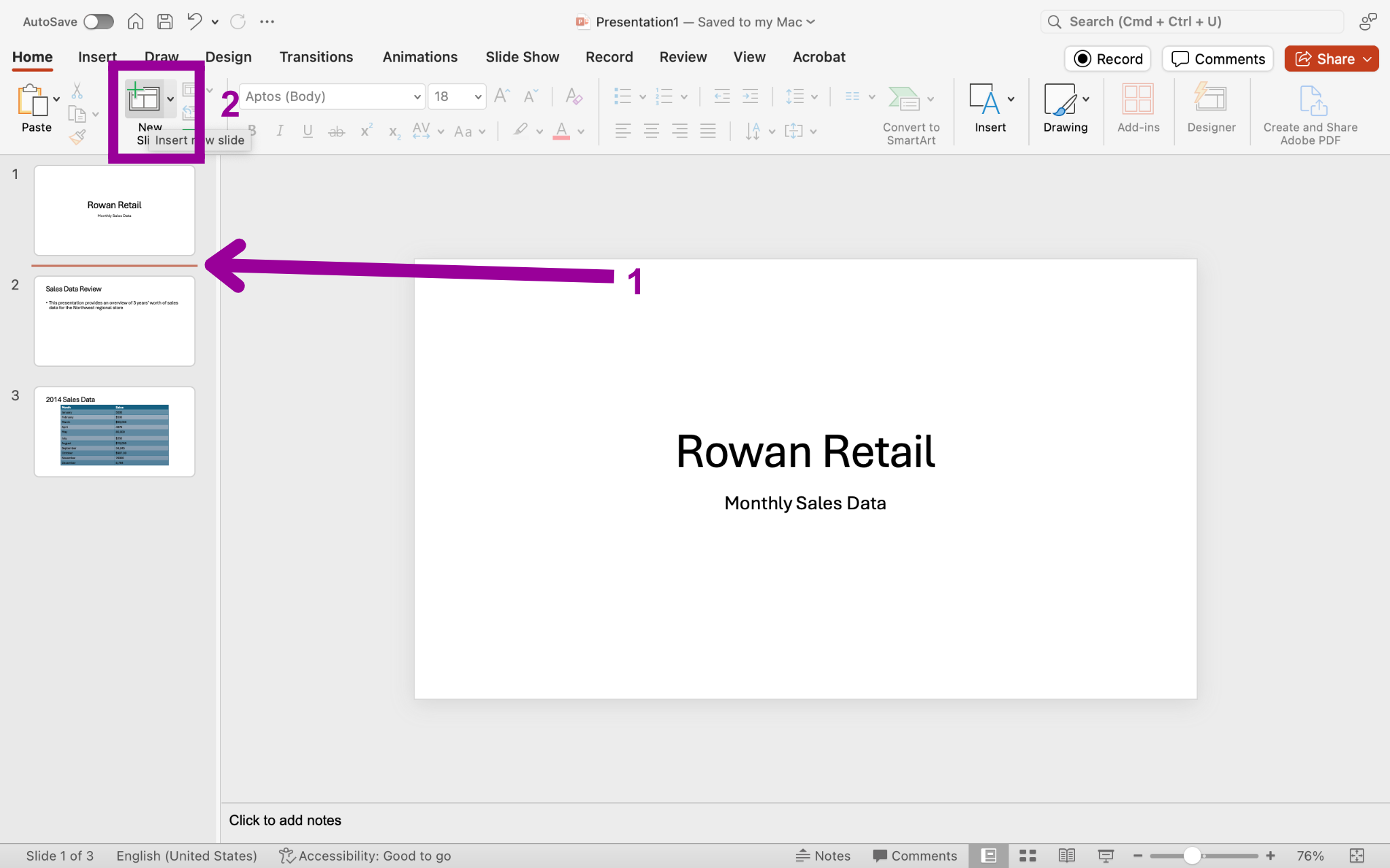 A Microsoft Powerpoint deck is open with 3 slides created. There is a magenta arrow pointing at the location to insert a new slide. A magenta box highlights where to insert the new slide.