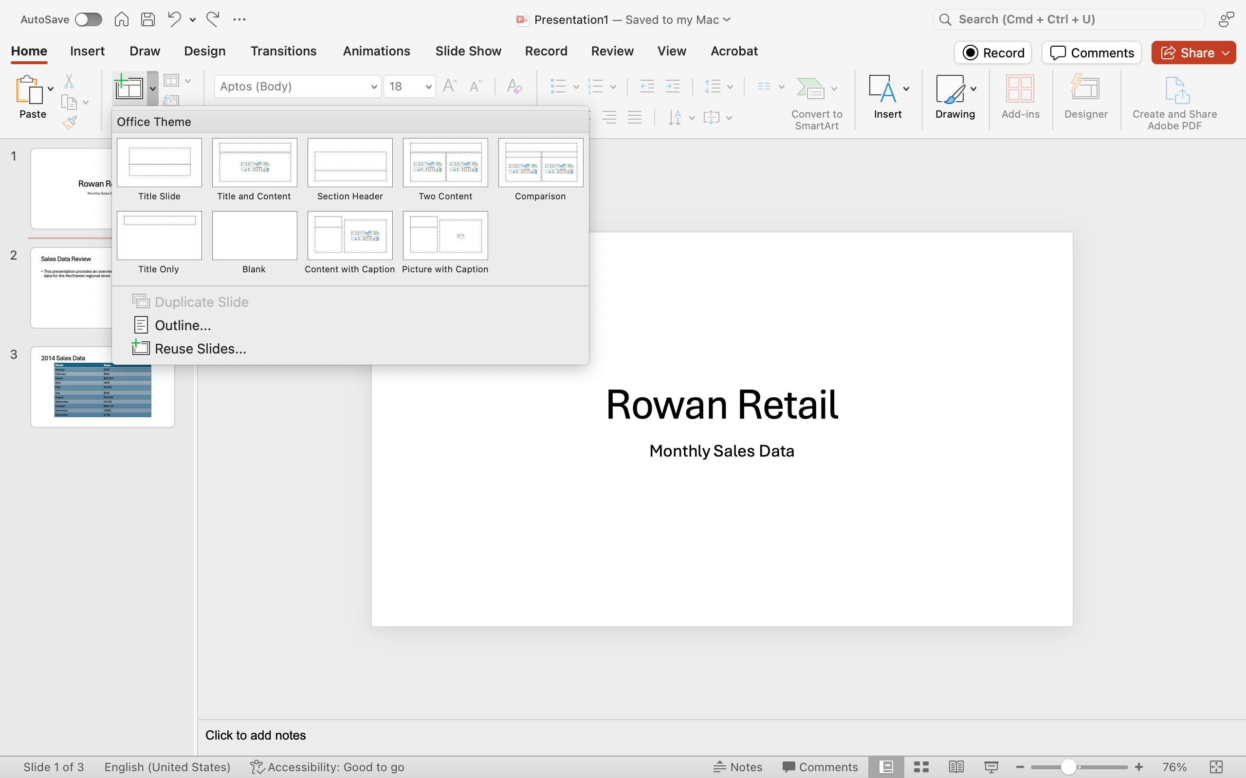 A Microsoft Powerpoint deck is open with 3 slides created. The dropdown menu from the new slide feature is open, displaying the various types of new slide you can insert.