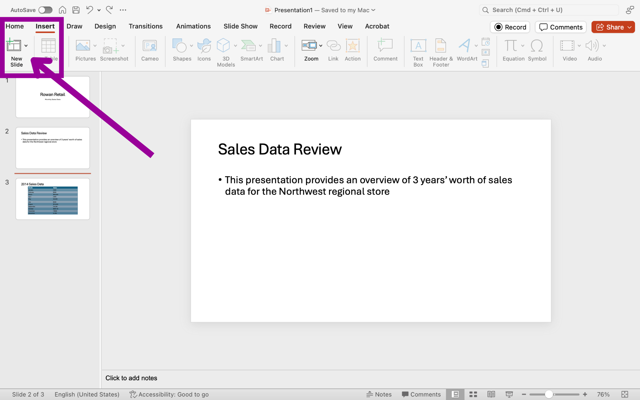A Microsoft Powerpoint deck is open with 3 slides created. There is a magenta arrow pointing towards the option to insert a new slide.
