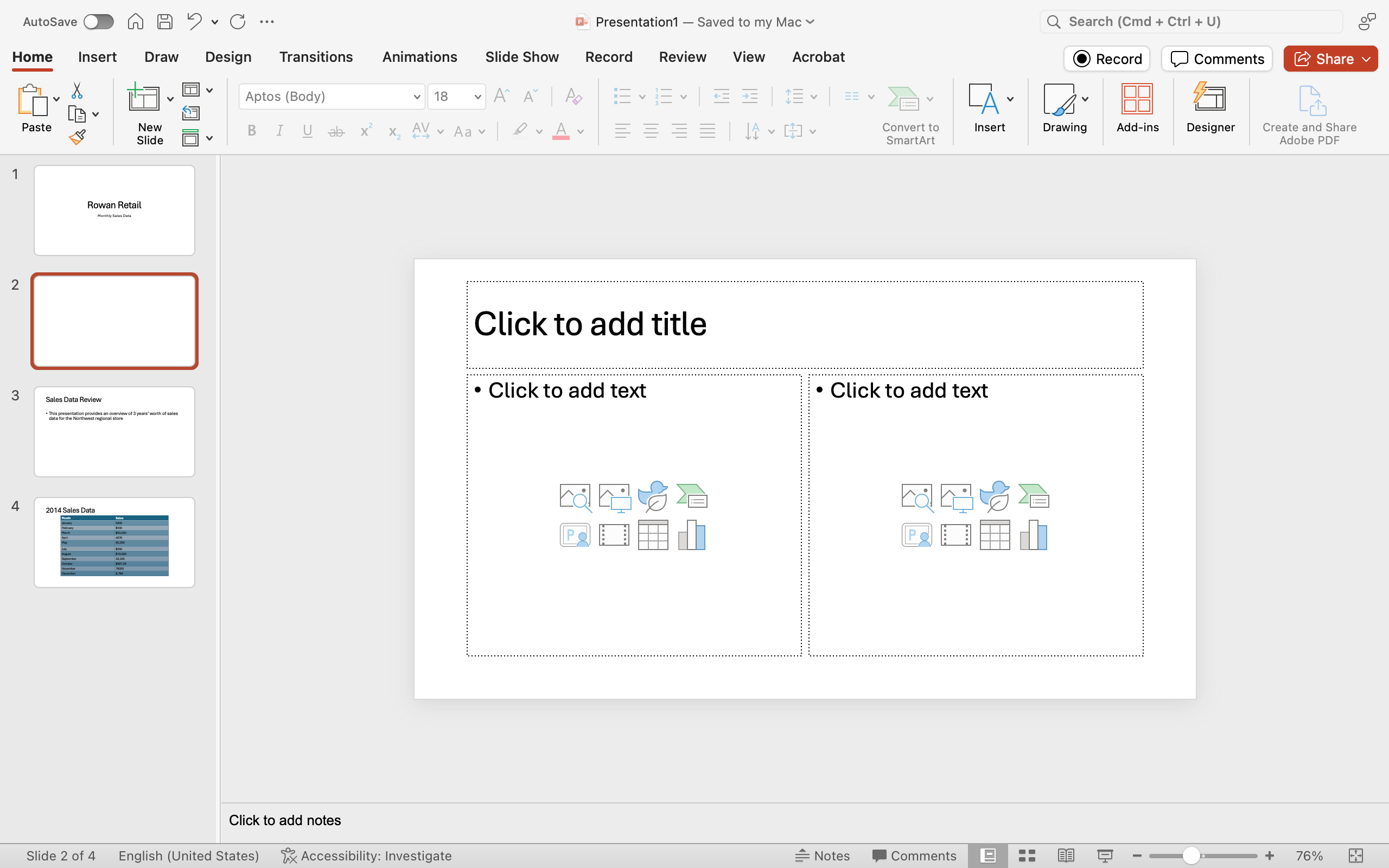 A Microsoft Powerpoint deck is open with 4 slides created. It is specifically on the second slide which has been newly inserted and is currently blank.