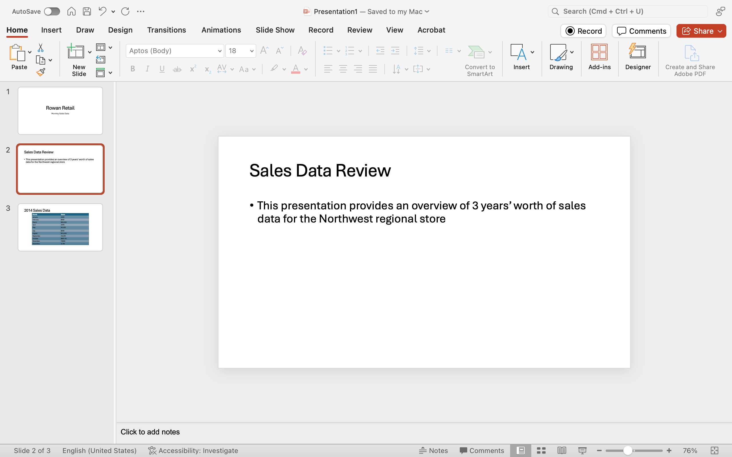 A Microsoft Powerpoint deck is open with 4 slides created. The second slide has now been deleted meaning there is only 3 slides now.