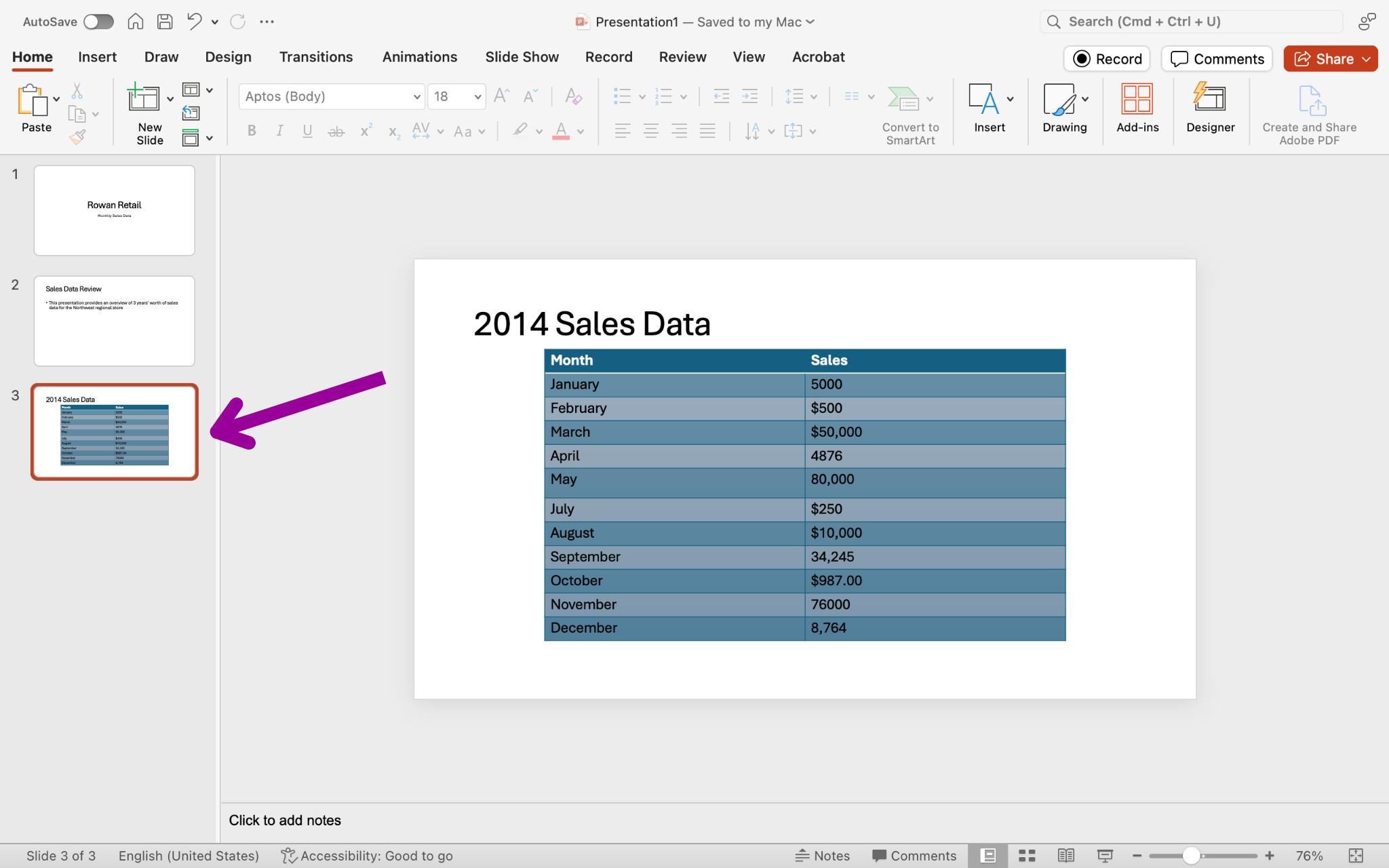 A Microsoft Powerpoint deck is open with 3 slides created. It is on the third slide where there is a data table open. There is a magenta arrow pointing to the third slide indicating that it has been selected.