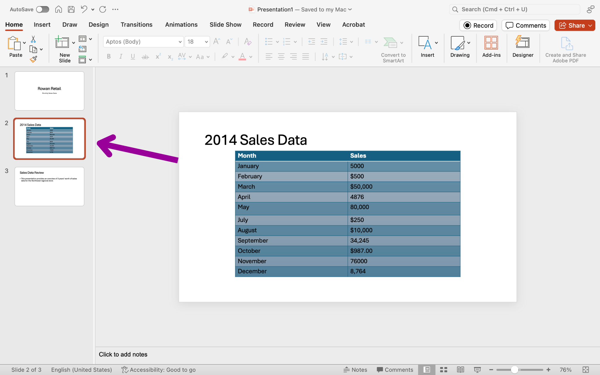 A Microsoft Powerpoint deck is open with 3 slides created. It is on the second slide where there is a data table open. There is a magenta arrow pointing to the second slide indicating that it has been selected. This slide has been manually reset to be the second slide in the deck (it was originally the third).