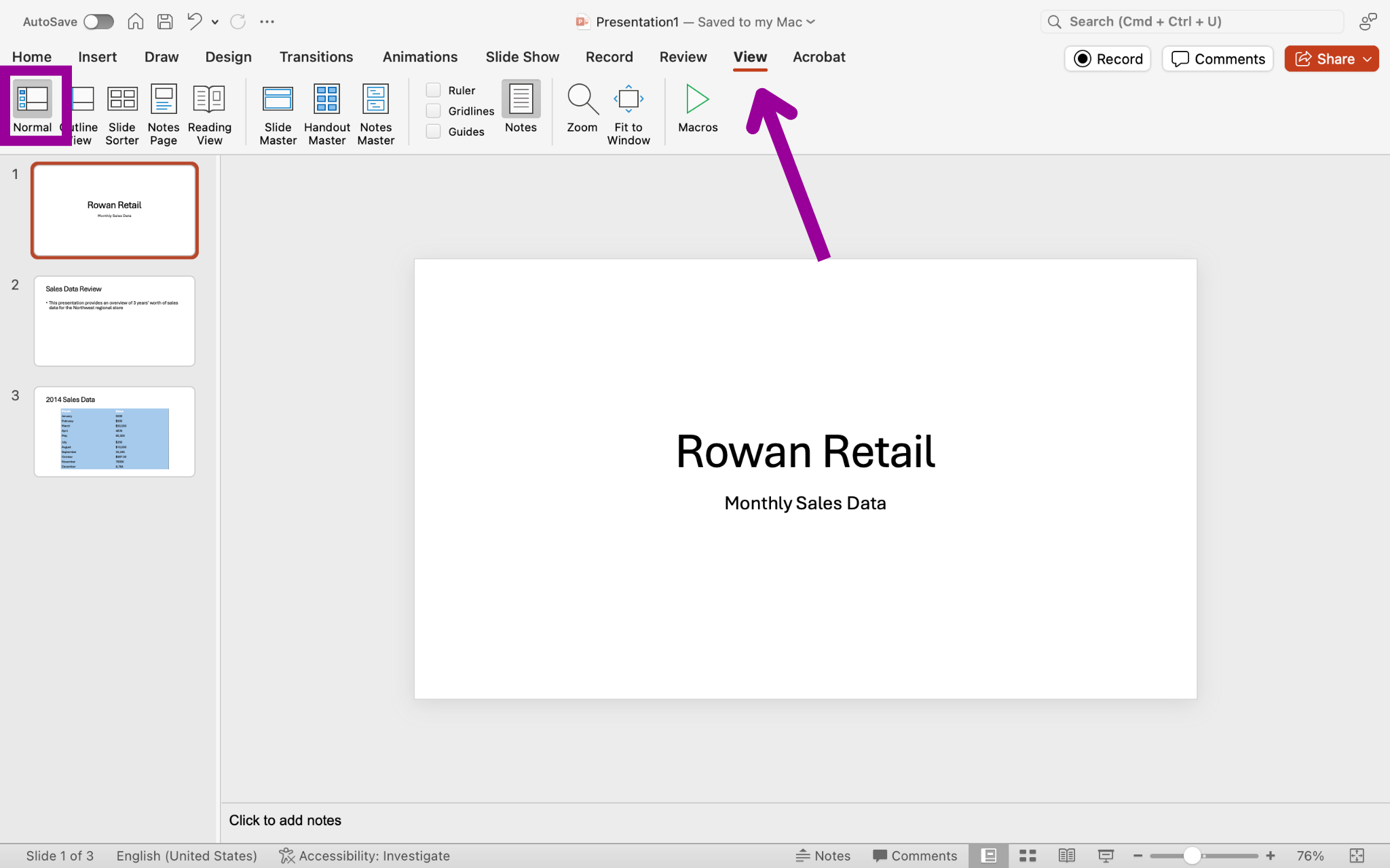 A Microsoft Powerpoint deck is open with 3 slides created. There is a magenta arrow pointing to the view tab in the ribbon menu.