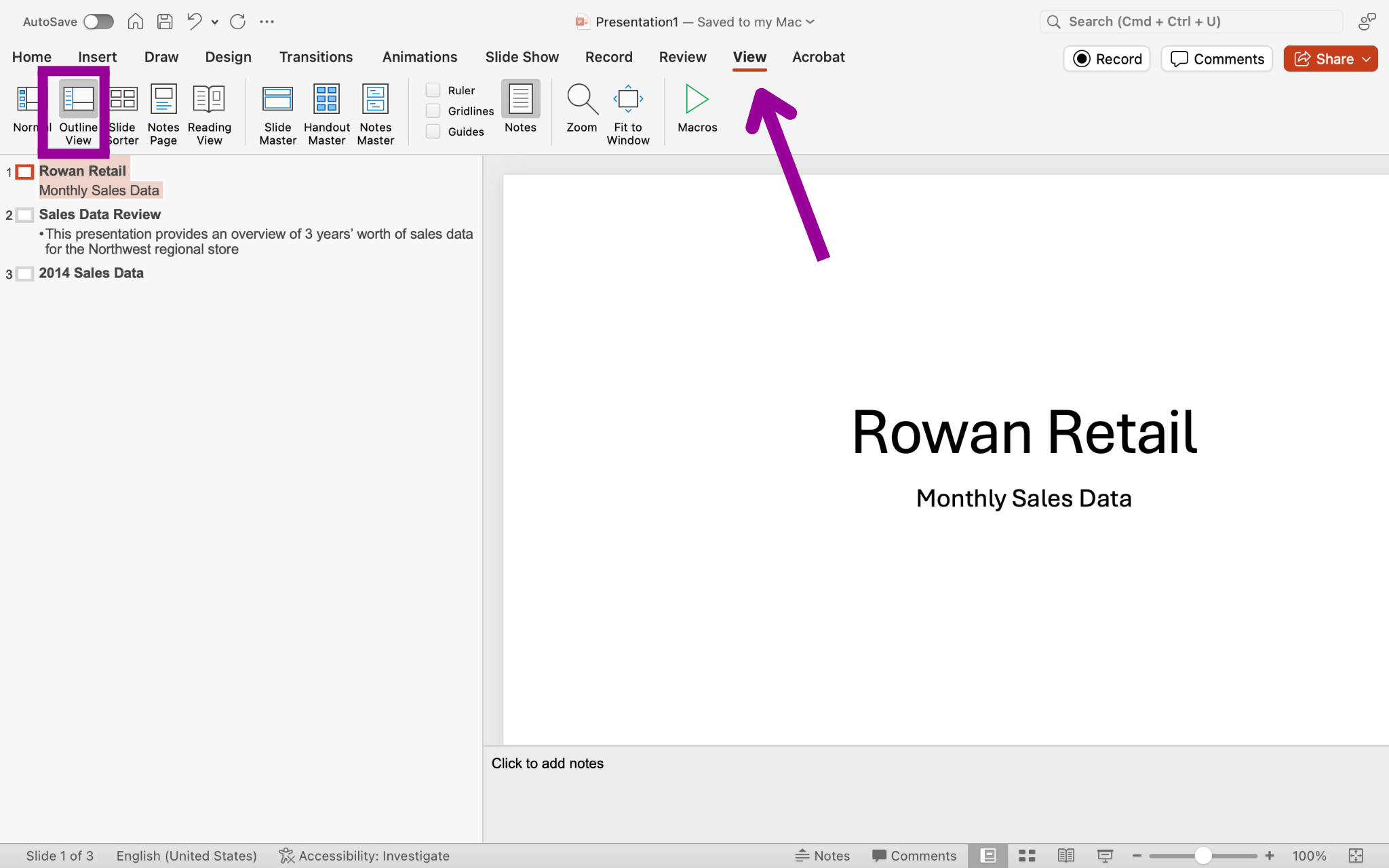 A Microsoft Powerpoint deck is open with 3 slides created. There is a magenta arrow pointing to the view tab in the ribbon menu. There is a magenta box highlighting where the outline view is.