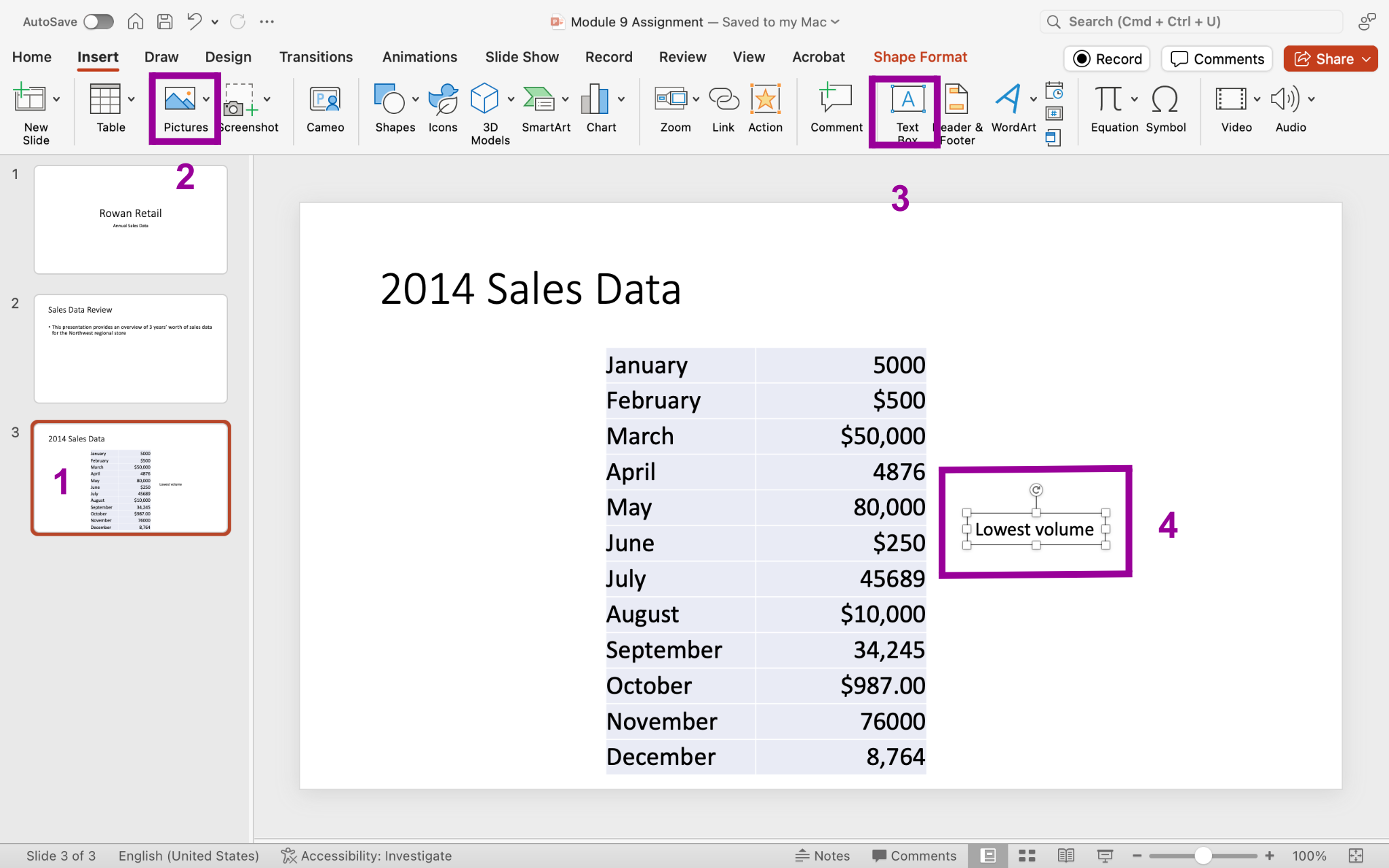 A Microsoft Powerpoint deck is open with 3 slides created. There are 4 magenta numbers highlighting various portions of the powerpoint. A 1 shows that the third slide has been selected. A 2 shows where the insert feature is. A 3 shows the option to insert text and a 4 shows where a new section of text has been inserted.