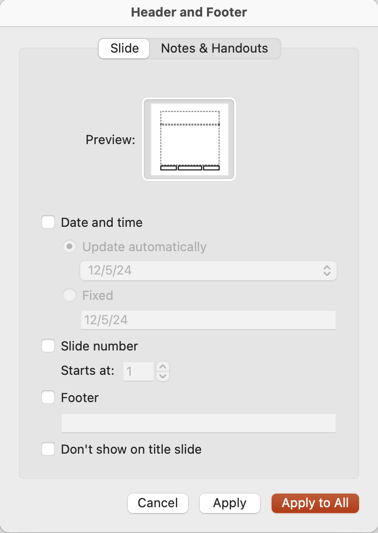 A header and footer menu for Microsoft powerpoint is open.