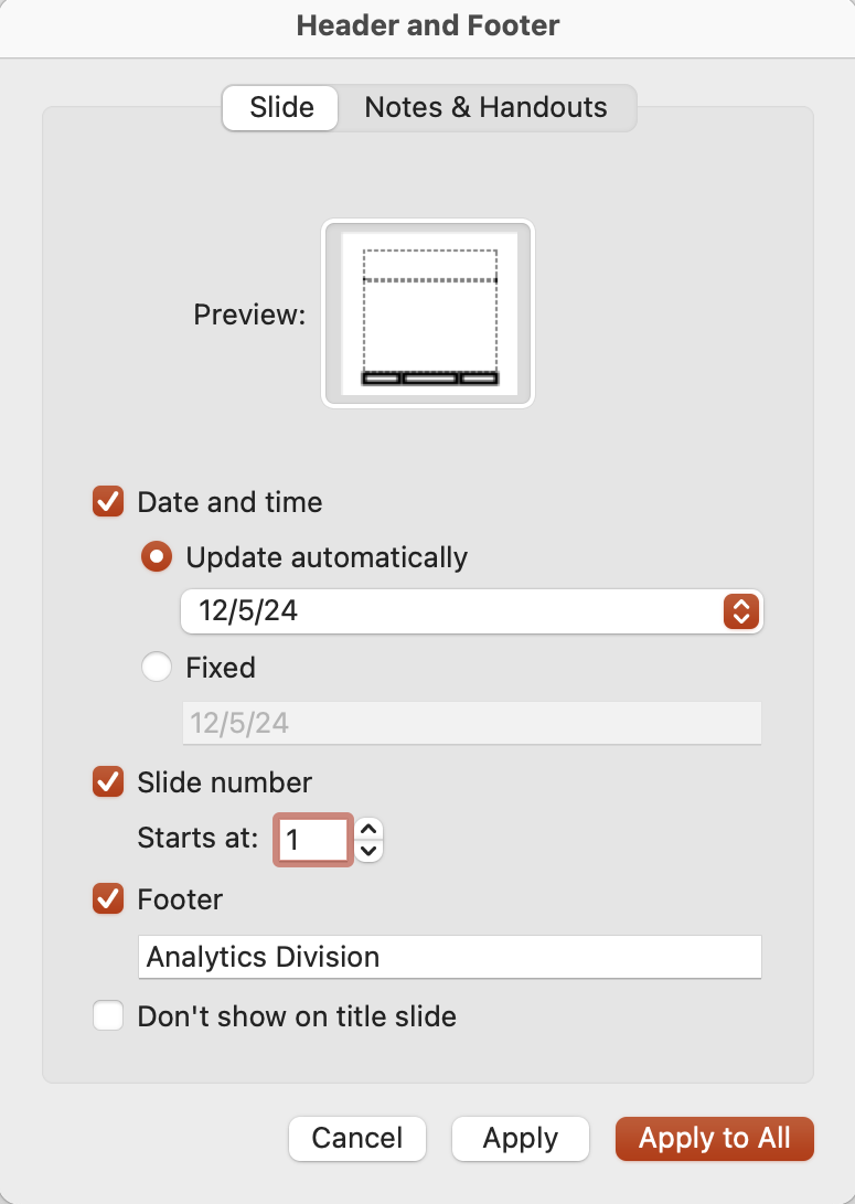 A header and footer menu for Microsoft powerpoint is open. The date and time section has been set to update automatically. The slide number and footer checkboxes have both been marked with the footer being set to say "Analytics Division".