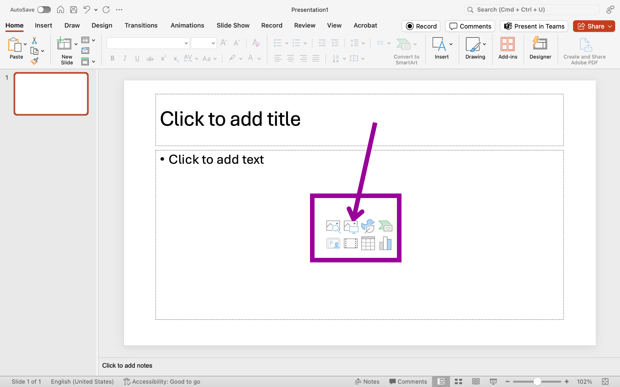 A blank Microsoft Powerpoint is open. The content box on the first slide is highlighted by a magenta box. There is a magenta arrow pointing to the picture icon in the content box.