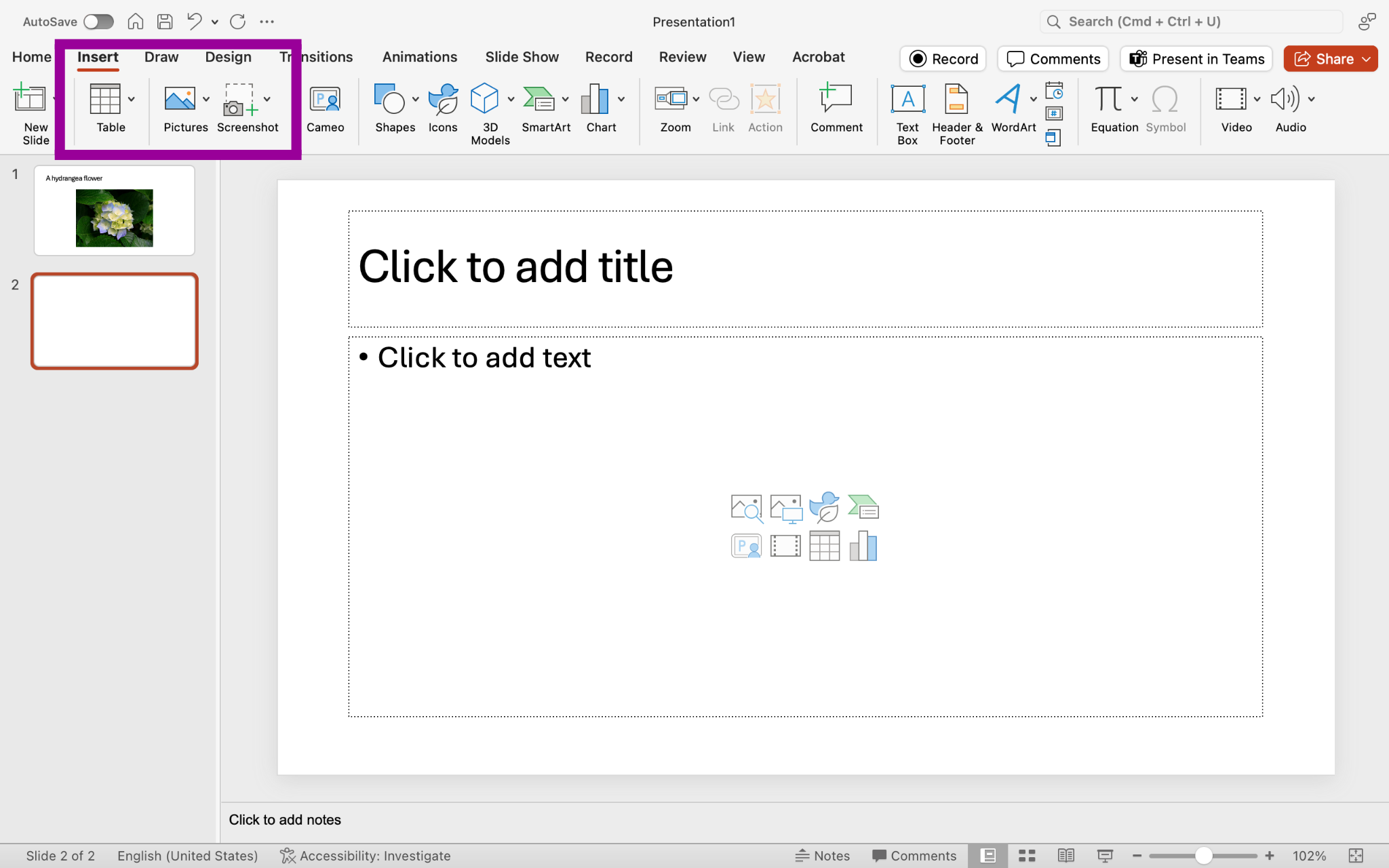 A Microsoft Powerpoint is open with two slides. The second slide has been selected. There is a magenta box in the ribbon menu highlighting where the insert feature is.