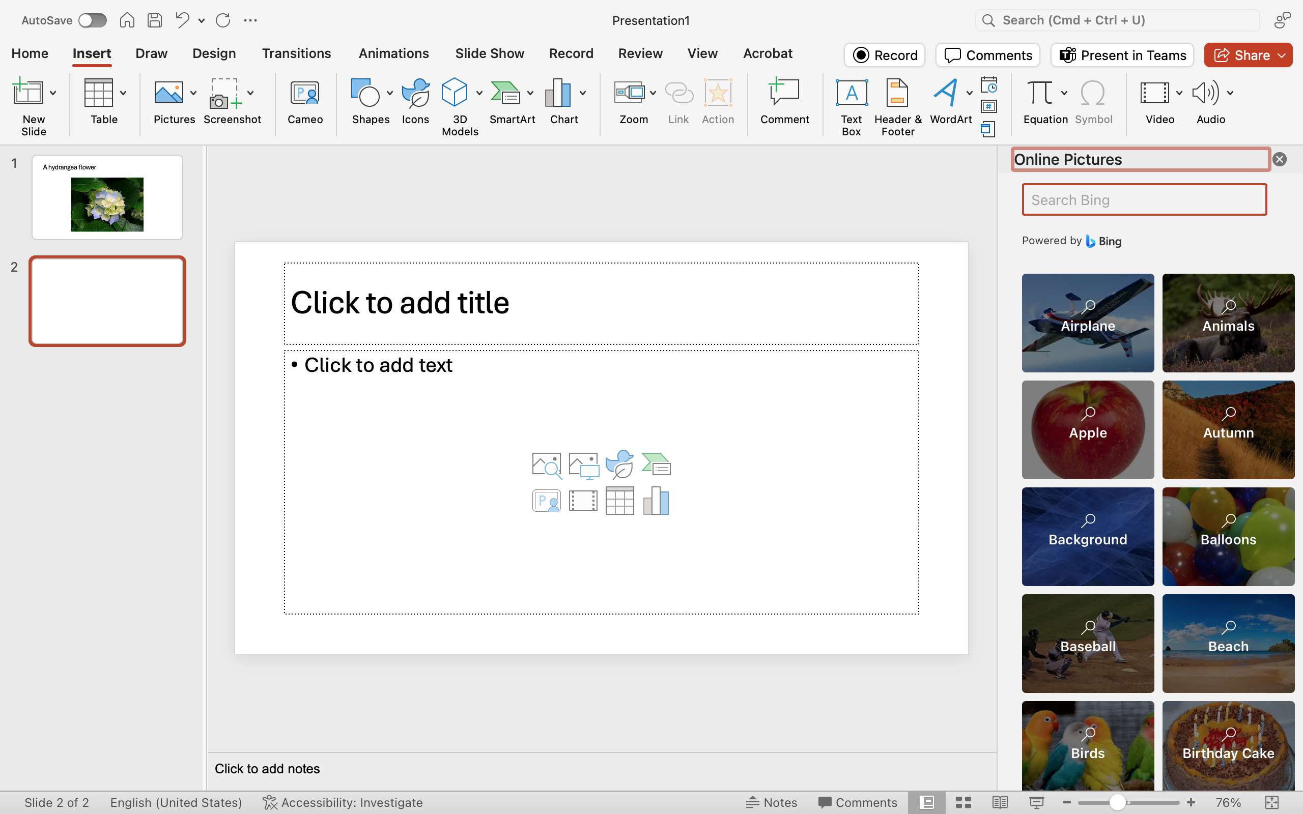 Under the insert pictures feature a bing search for clip art has been entered.