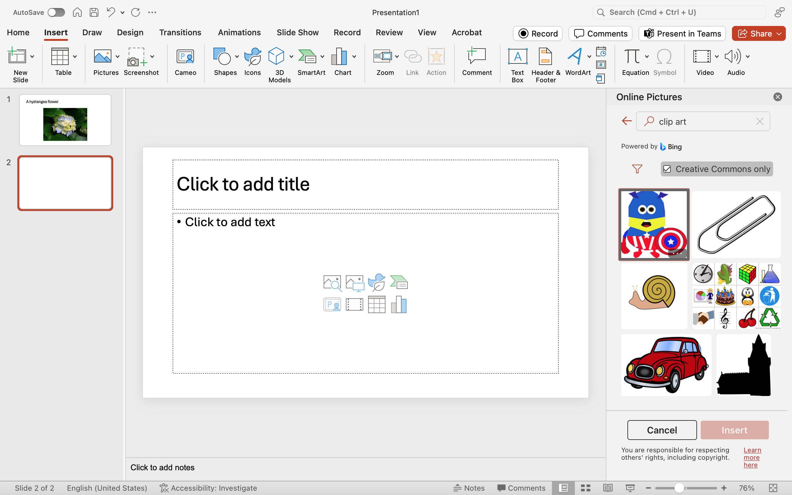 A bing search for clip art is open with 6 images of different clip art appearing.