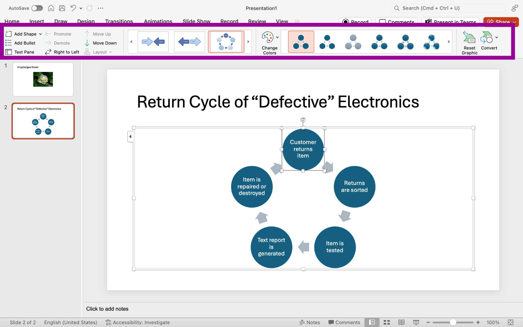 A Microsoft Powerpoint is open with two slides. The second slide has been selected and a smart art cycle has been inserted. A text box to the left has opened allowing access to change the content inside the cycle. A magenta box in the ribbon has appeared highlighting the design tab in the menu.