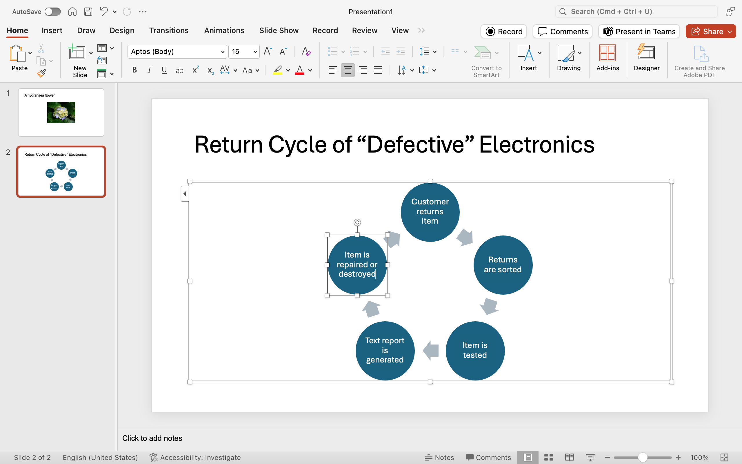A Microsoft Powerpoint is open with two slides. The second slide has been selected and a smart art cycle has been inserted. A text box to the left has opened allowing access to change the content inside the cycle.