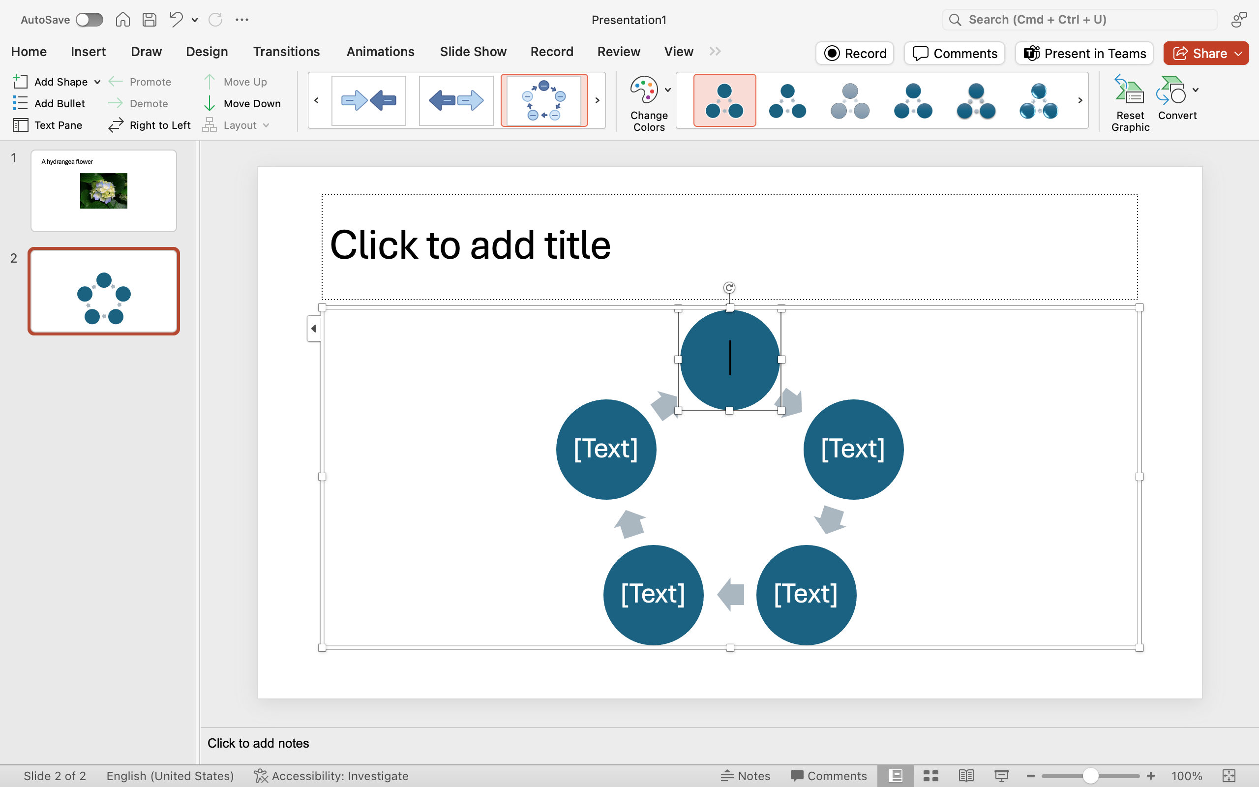 A Microsoft Powerpoint is open with two slides. The second slide has been selected and a smart art cycle has been inserted.