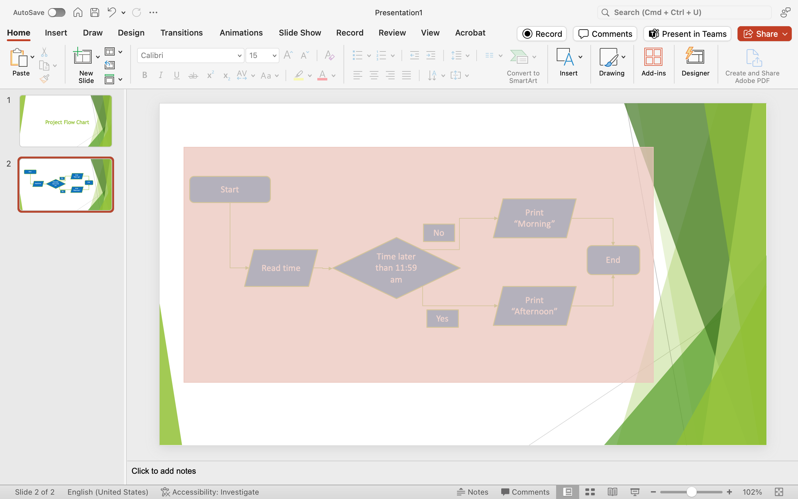 PowerPoint screenshot of flow chart slide with all shapes being selected.