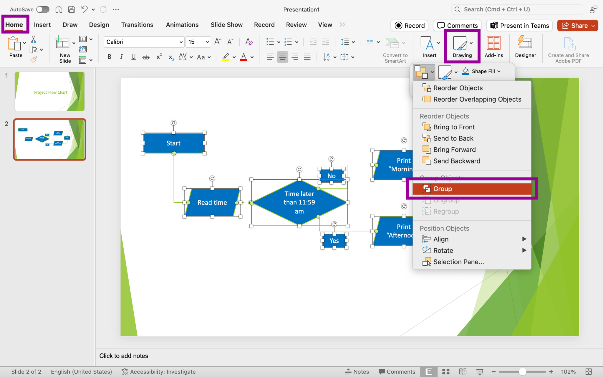 PowerPoint screenshot of flow chart slide with all shapes selected and being grouped.